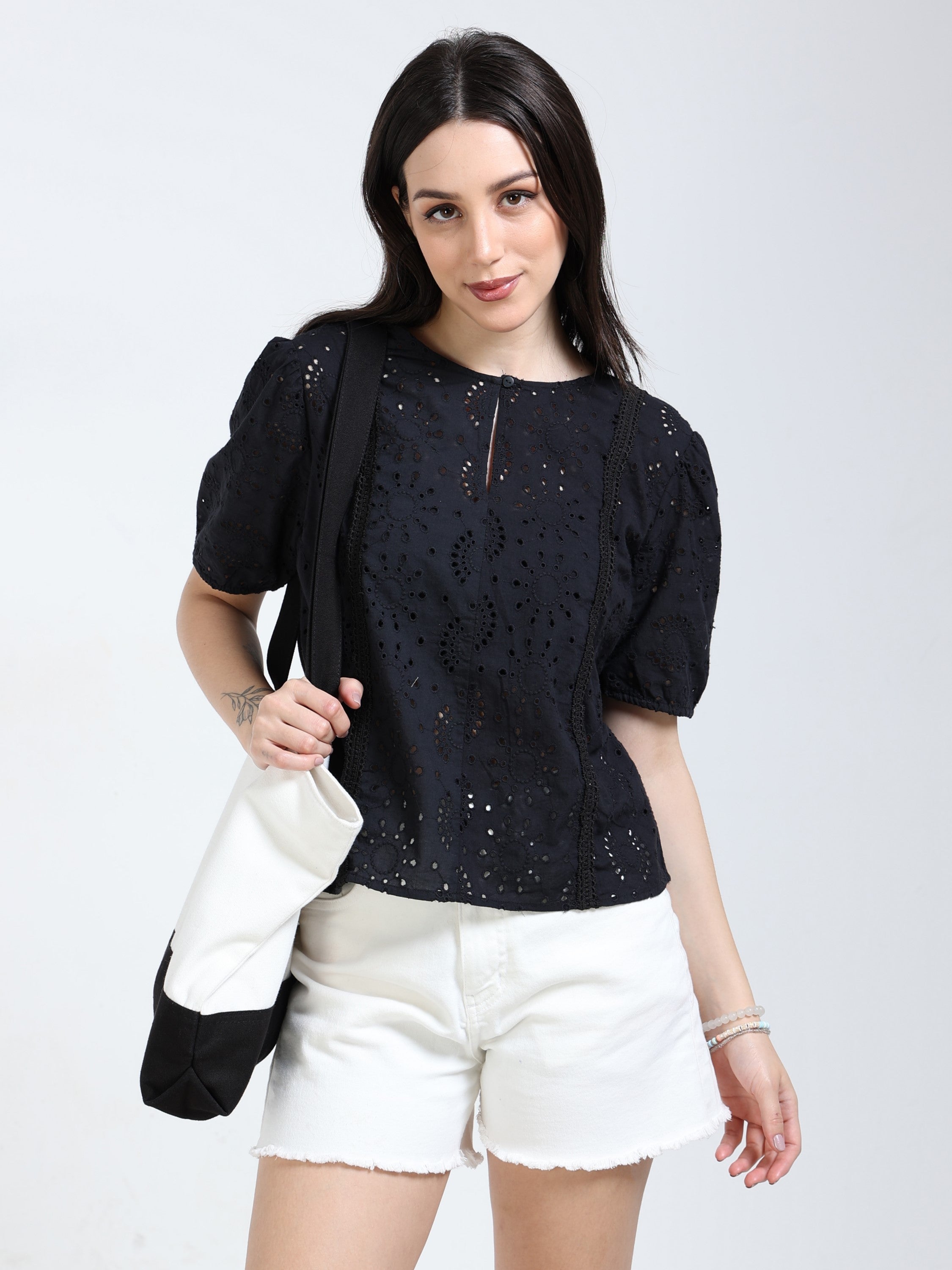 Women Black Shiffli Top with lace inserts