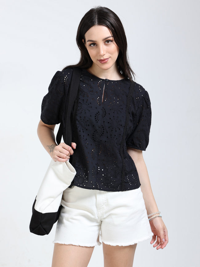 Women Black Shiffli Top with lace inserts