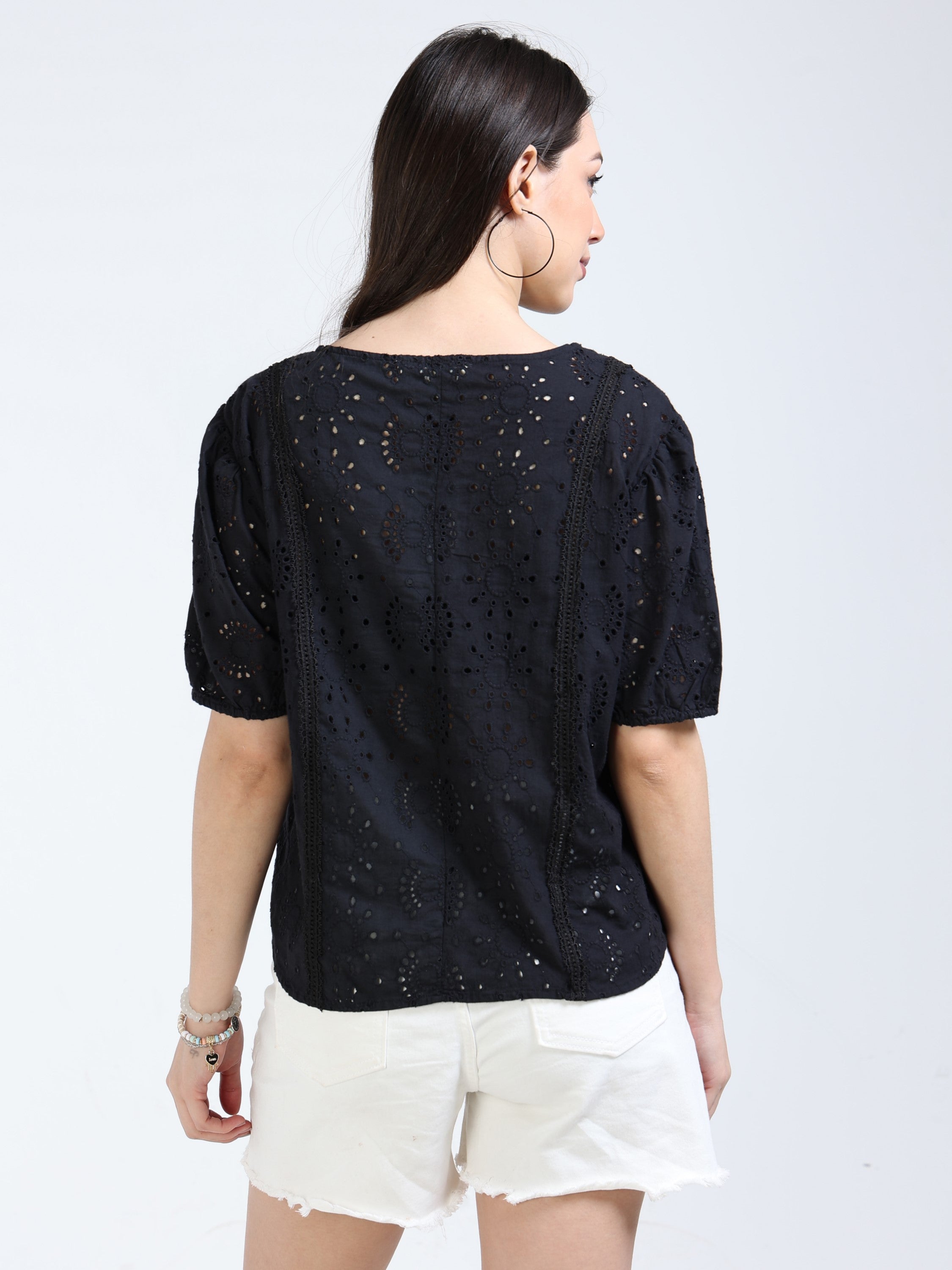 Women Black Shiffli Top with lace inserts