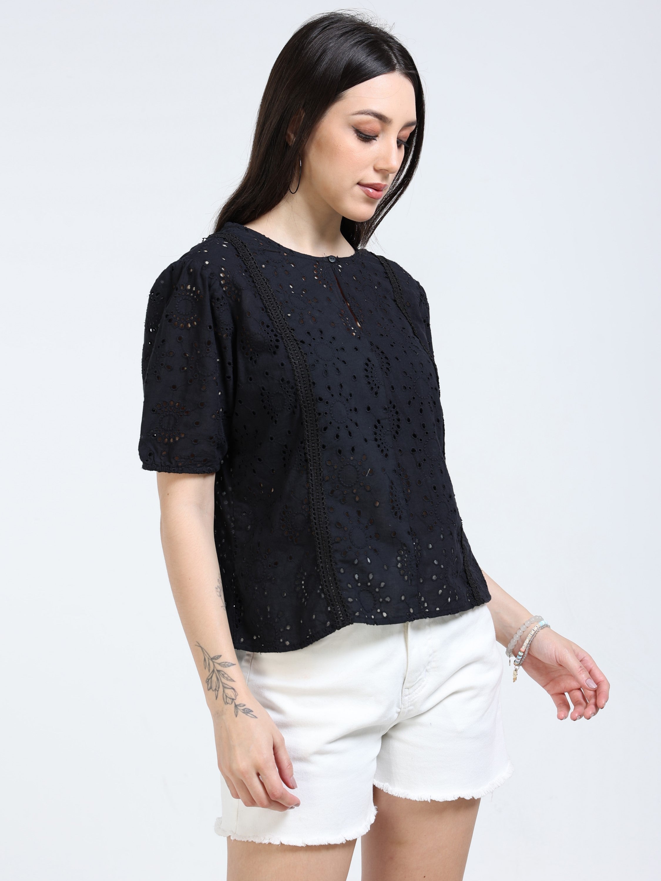 Women Black Shiffli Top with lace inserts