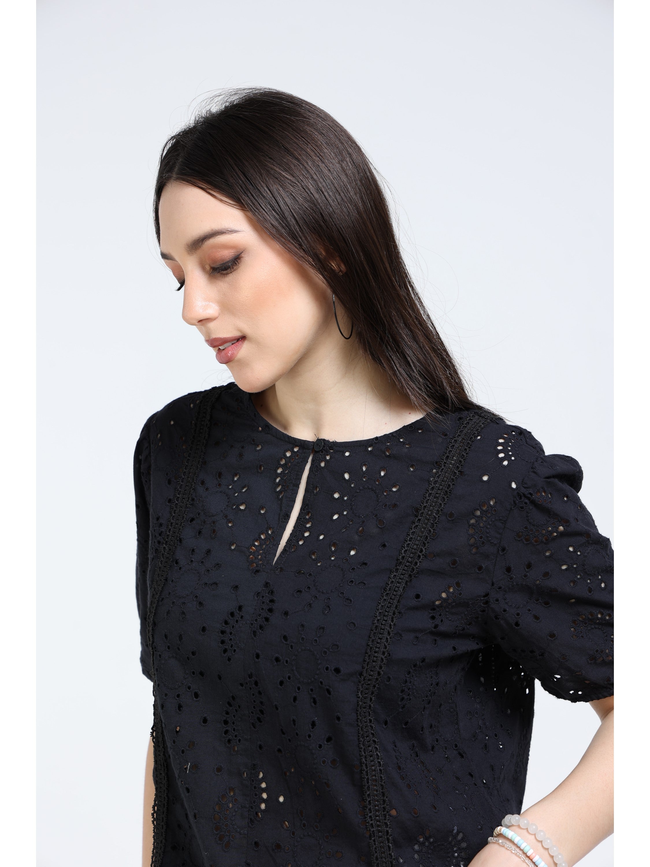 Women Black Shiffli Top with lace inserts