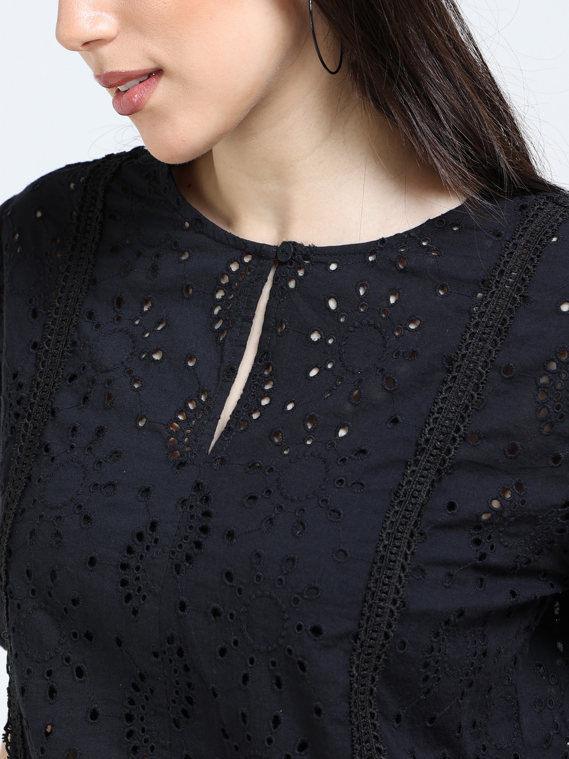 Women Black Shiffli Top with lace inserts