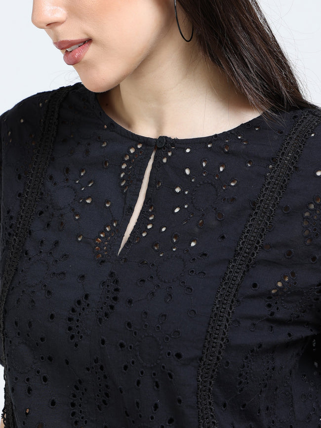 Women Black Shiffli Top with lace inserts