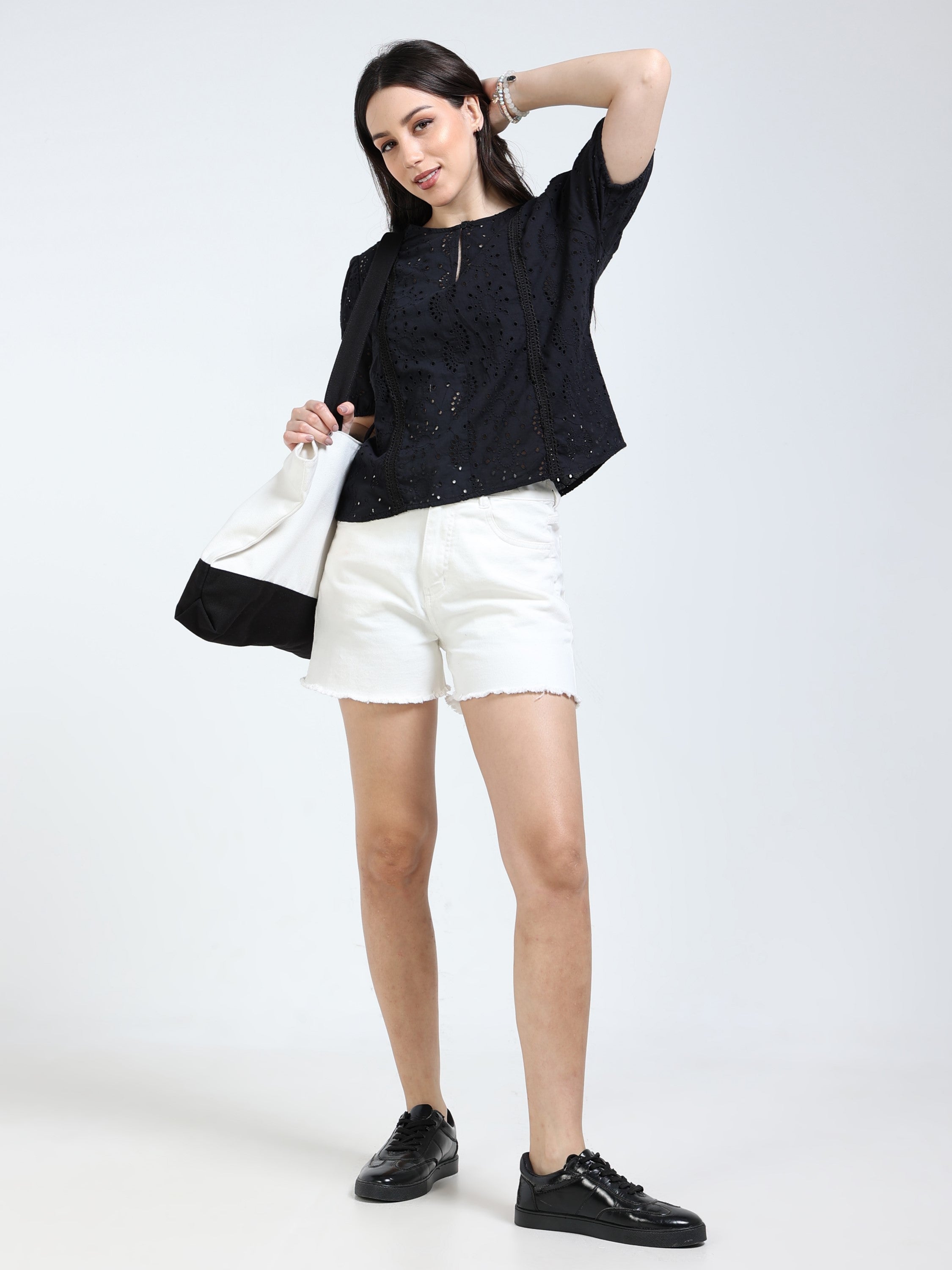 Women Black Shiffli Top with lace inserts