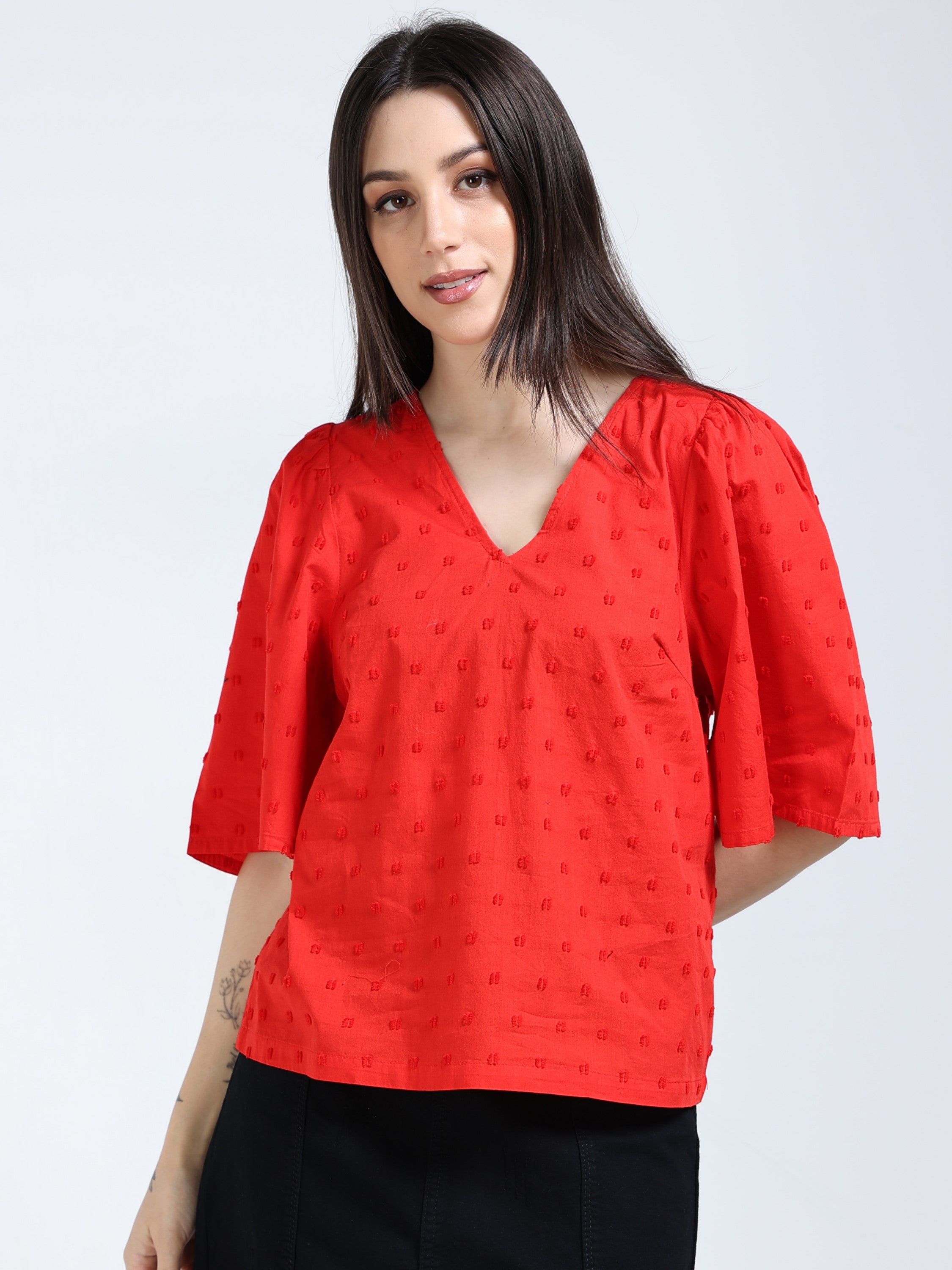 Women Red Bell Sleeve Top