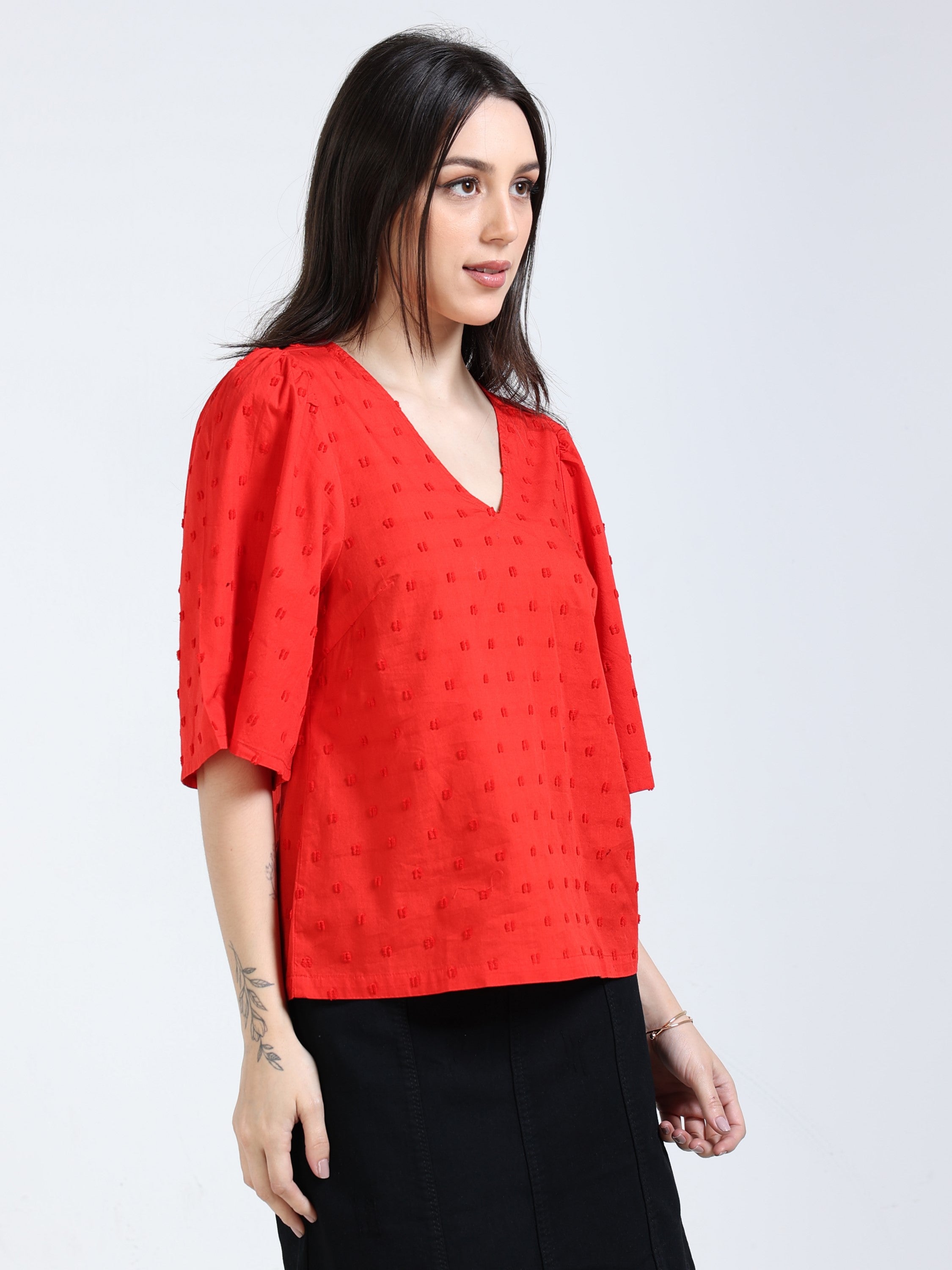 Women Red Bell Sleeve Top