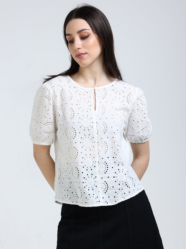 Women White Shiffli Top with lace inserts