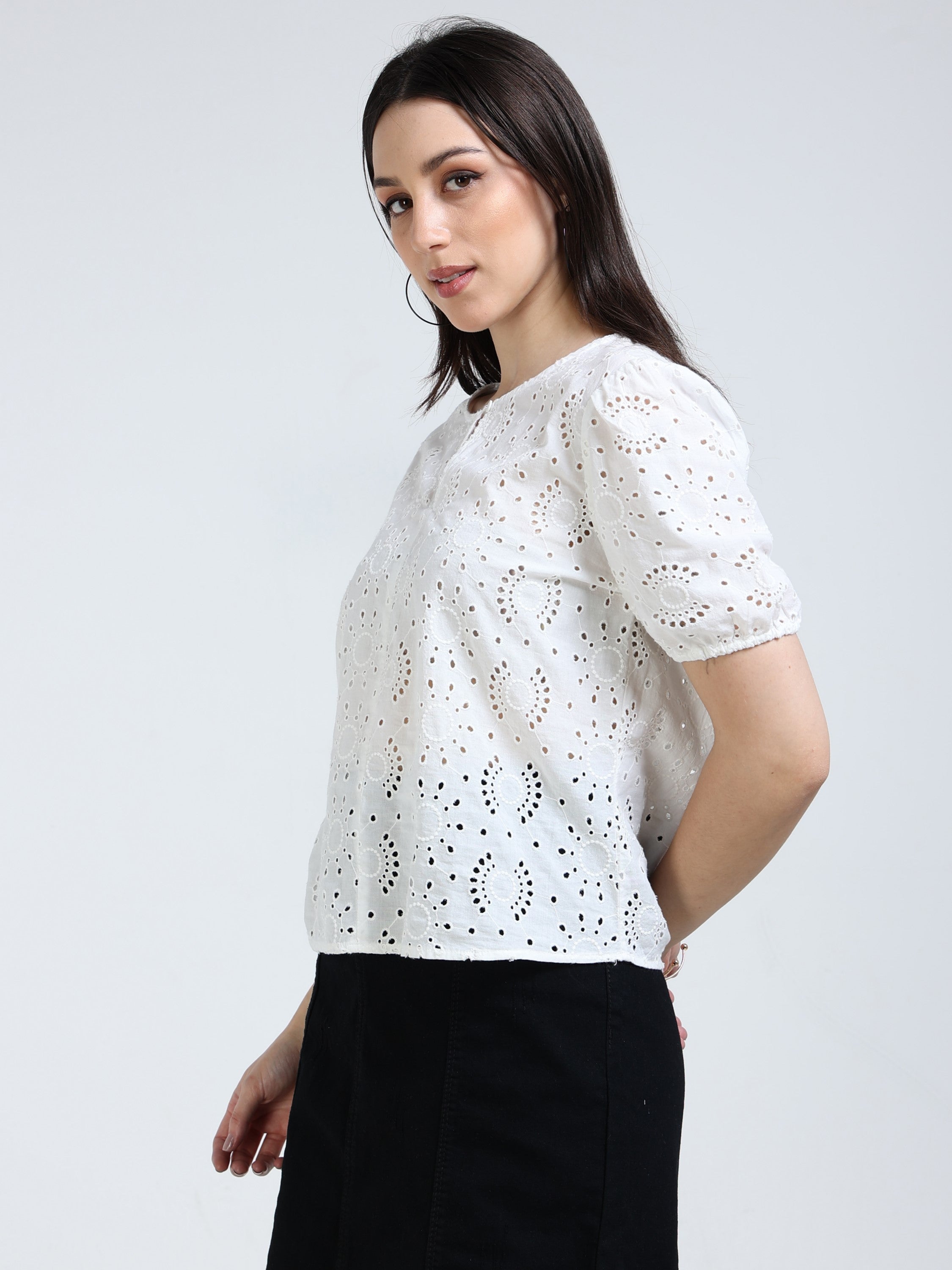 Women White Shiffli Top with lace inserts