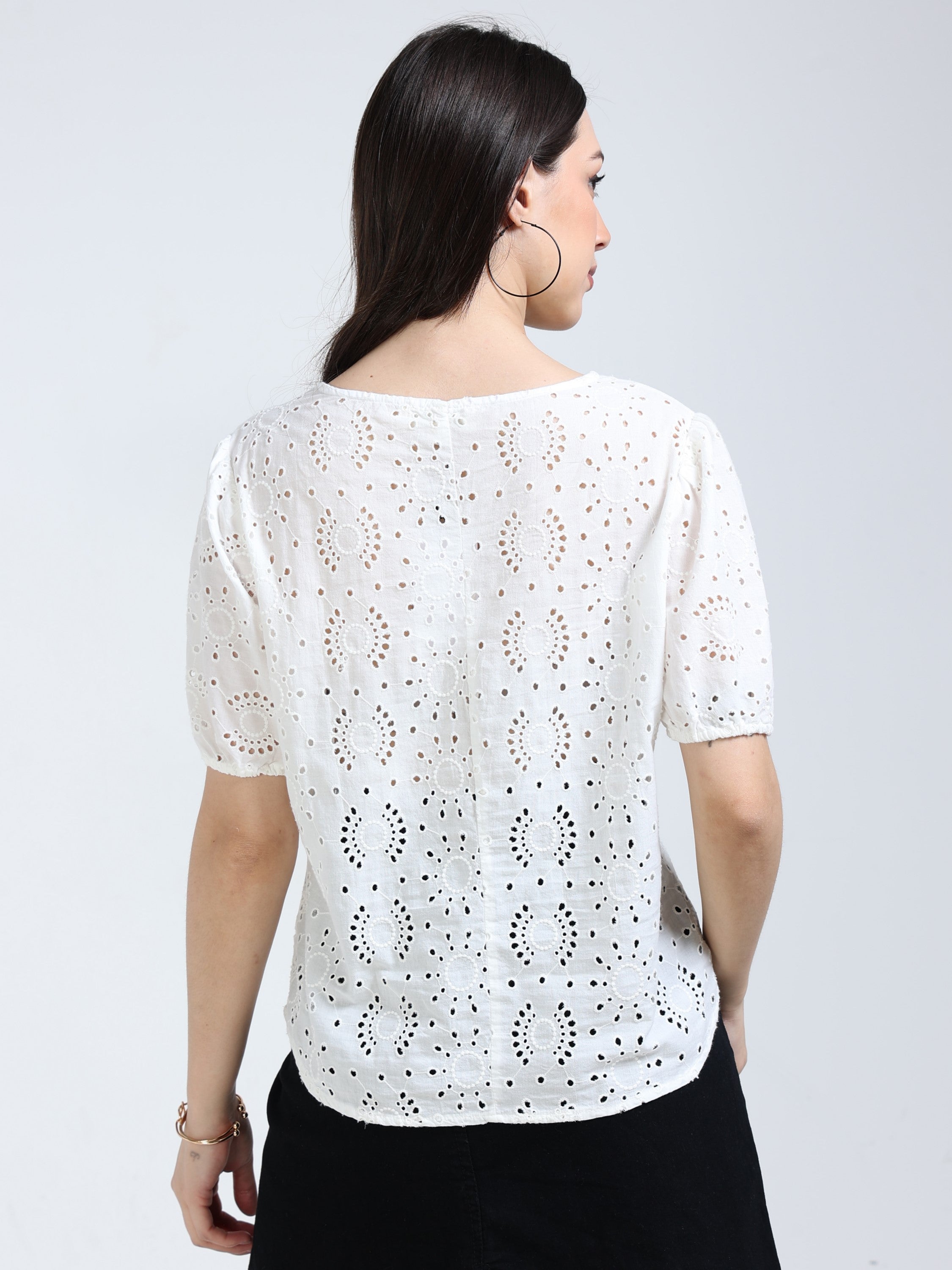 Women White Shiffli Top with lace inserts