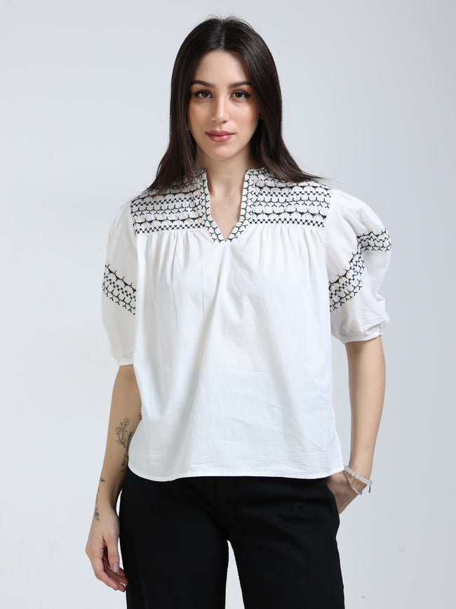 Women White & Black Embroidered Top