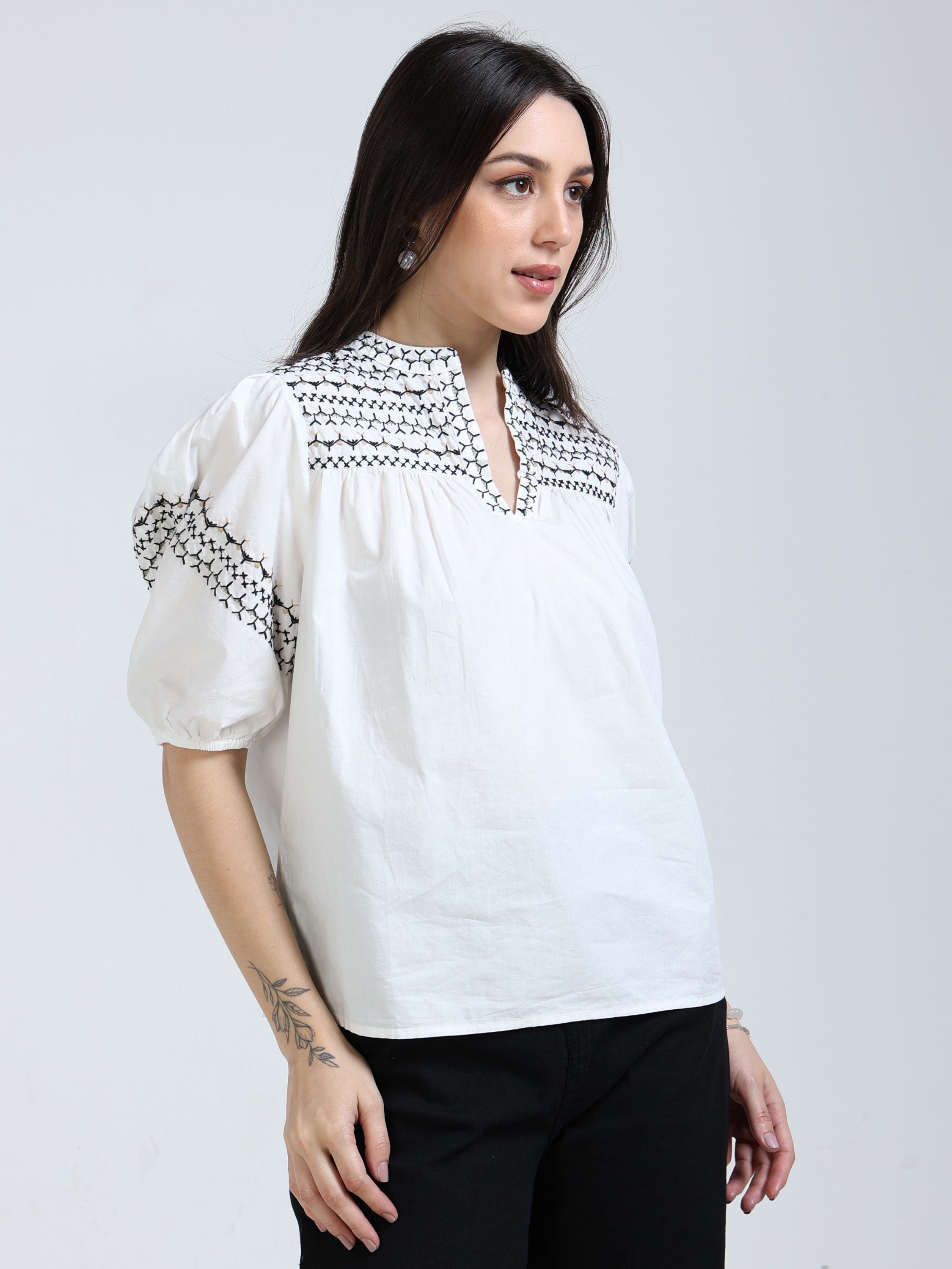 Women White & Black Embroidered Top