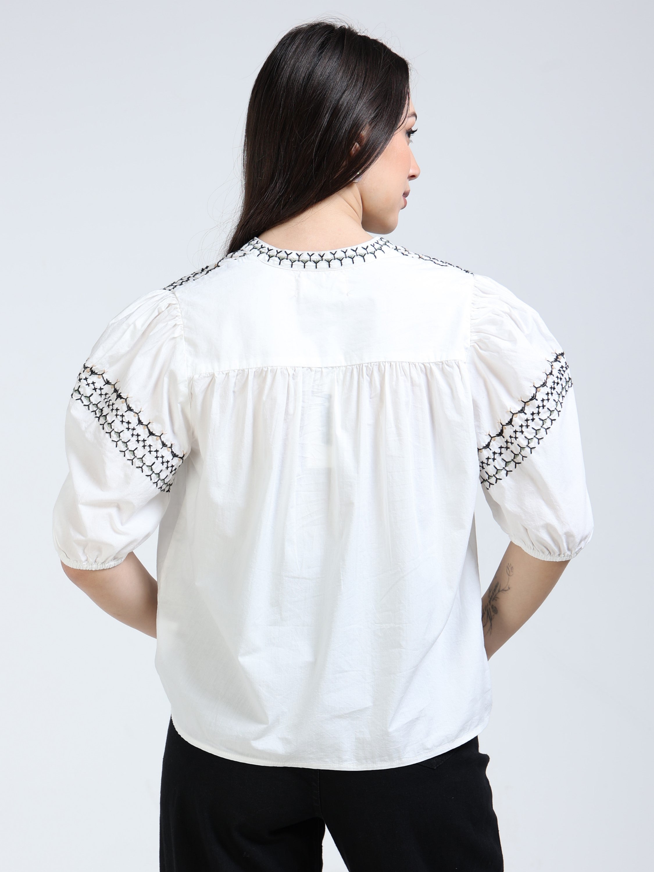 Women White & Black Embroidered Top