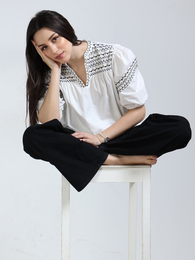 Women White & Black Embroidered Top