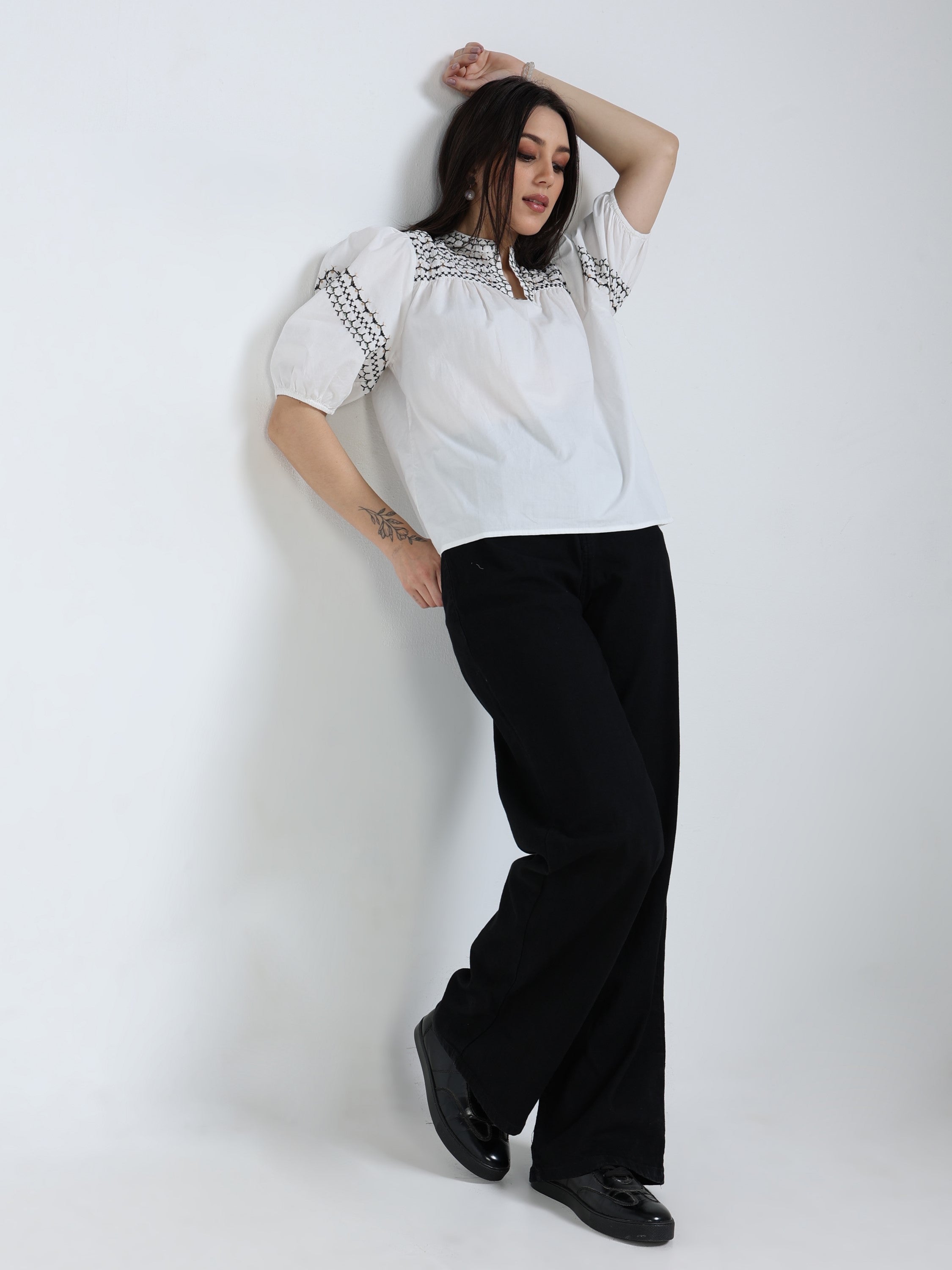 Women White & Black Embroidered Top