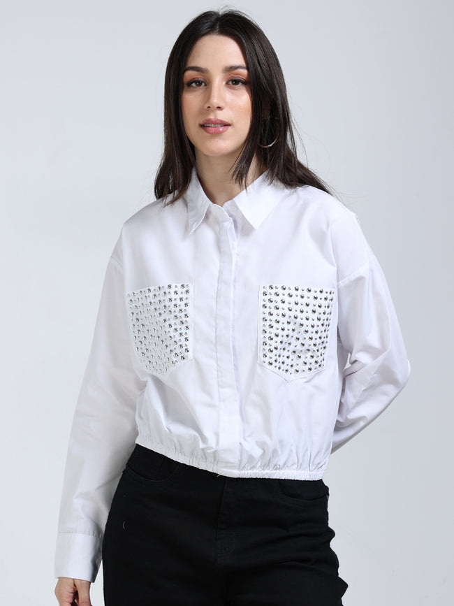 Women White Crop Shirt with Embelished Pocket