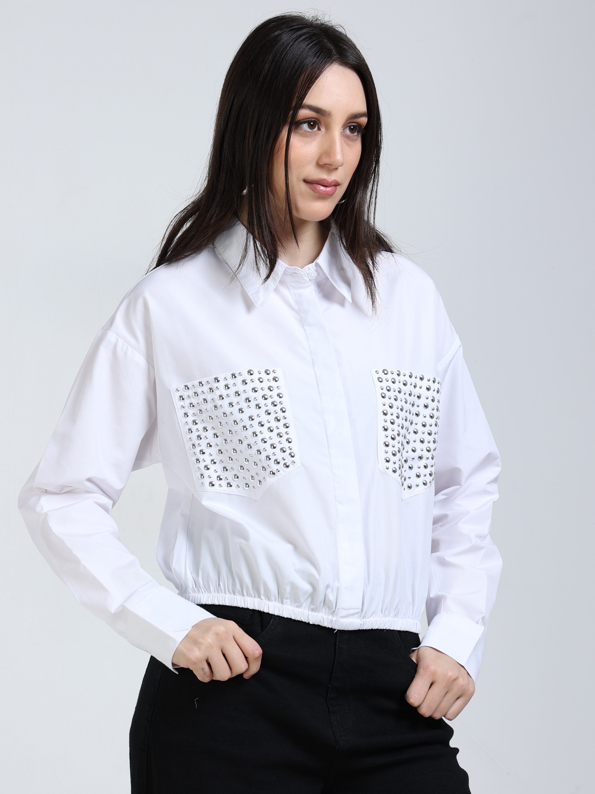 Women White Crop Shirt with Embelished Pocket