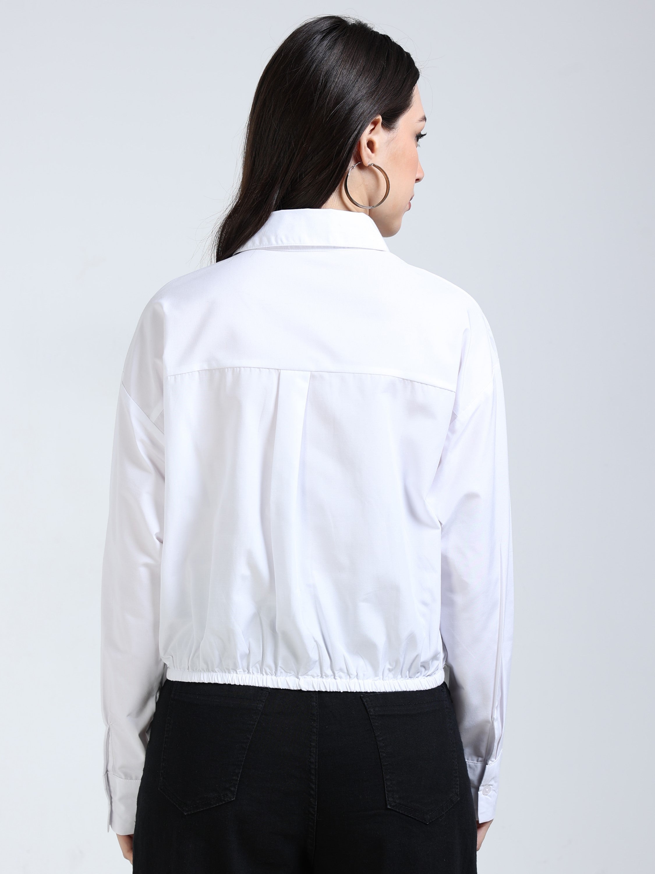 Women White Crop Shirt with Embelished Pocket