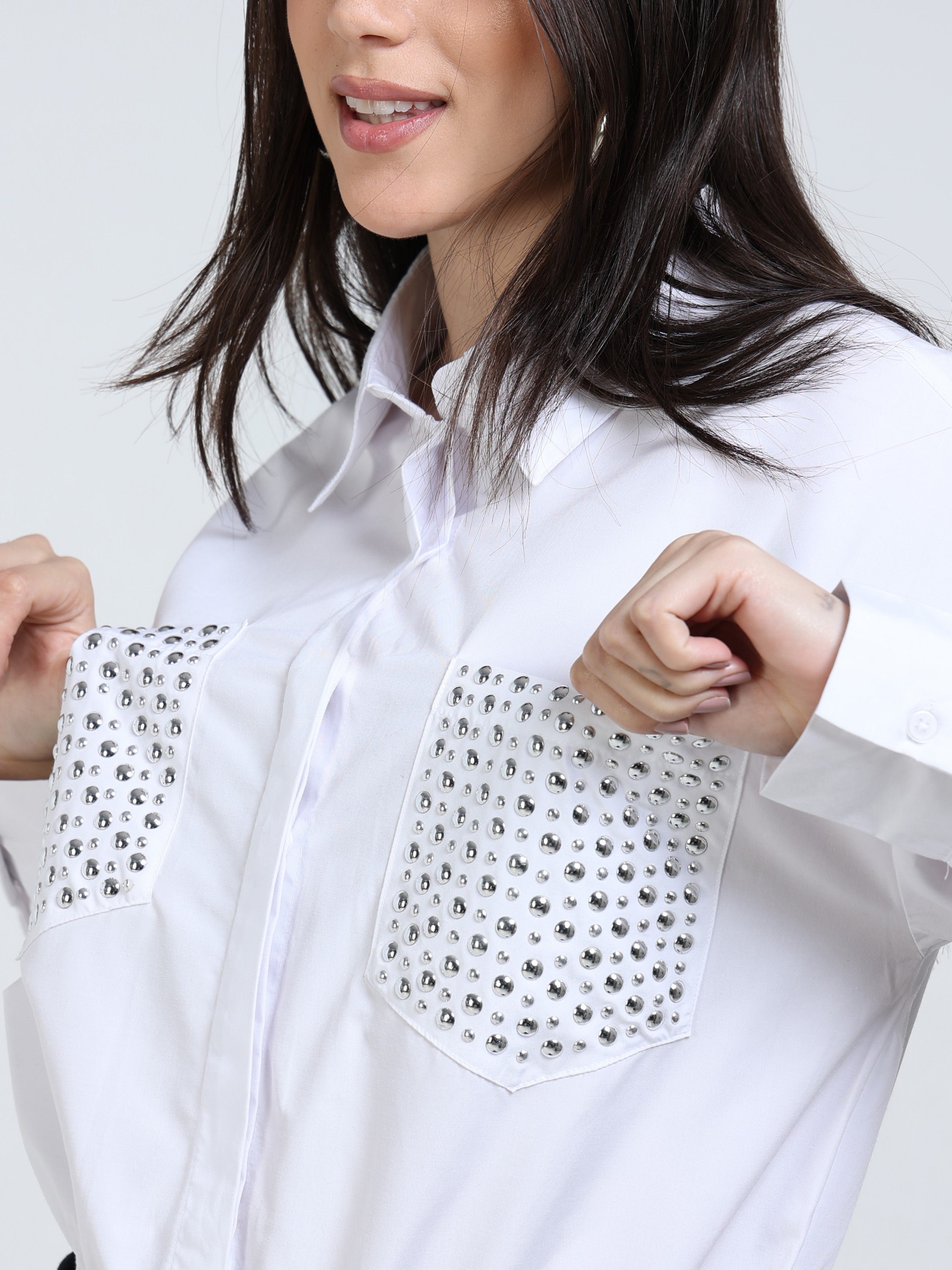 Women White Crop Shirt with Embelished Pocket