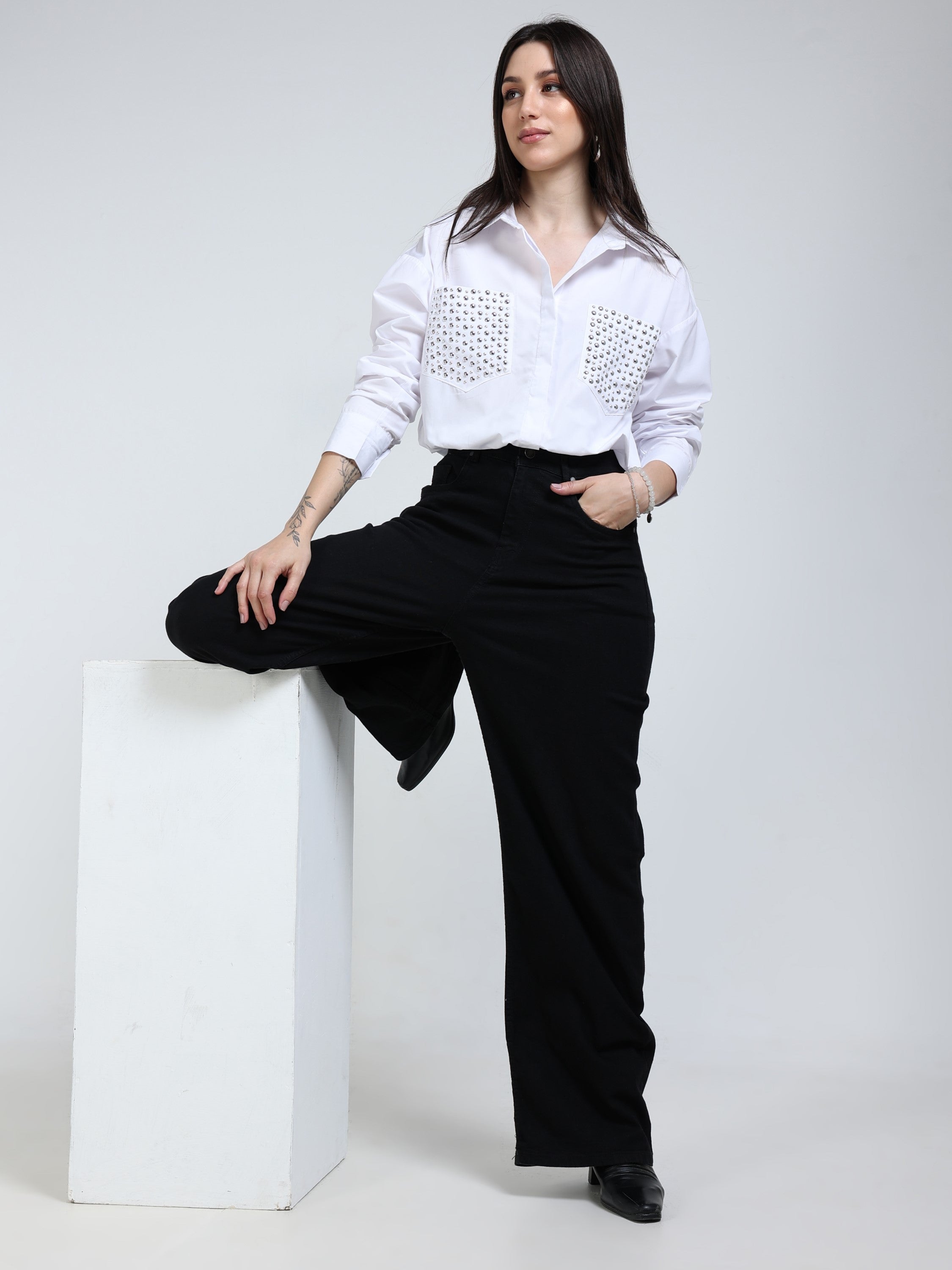 Women White Crop Shirt with Embelished Pocket