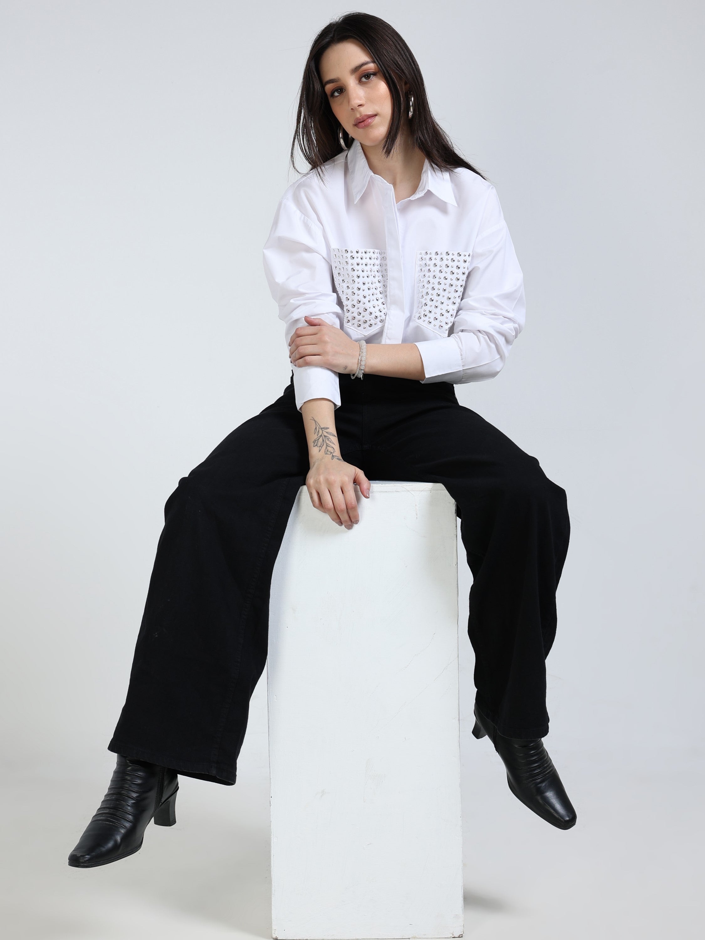 Women White Crop Shirt with Embelished Pocket