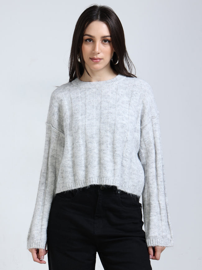 Women Grey Solid Crew Neck Baggy Sweater