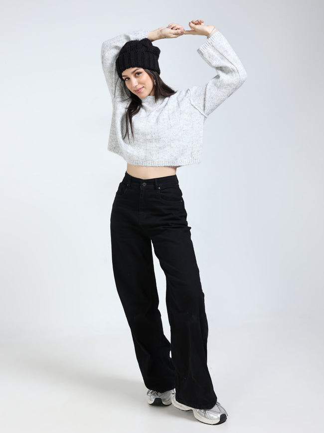 Women Grey Solid Crew Neck Baggy Sweater