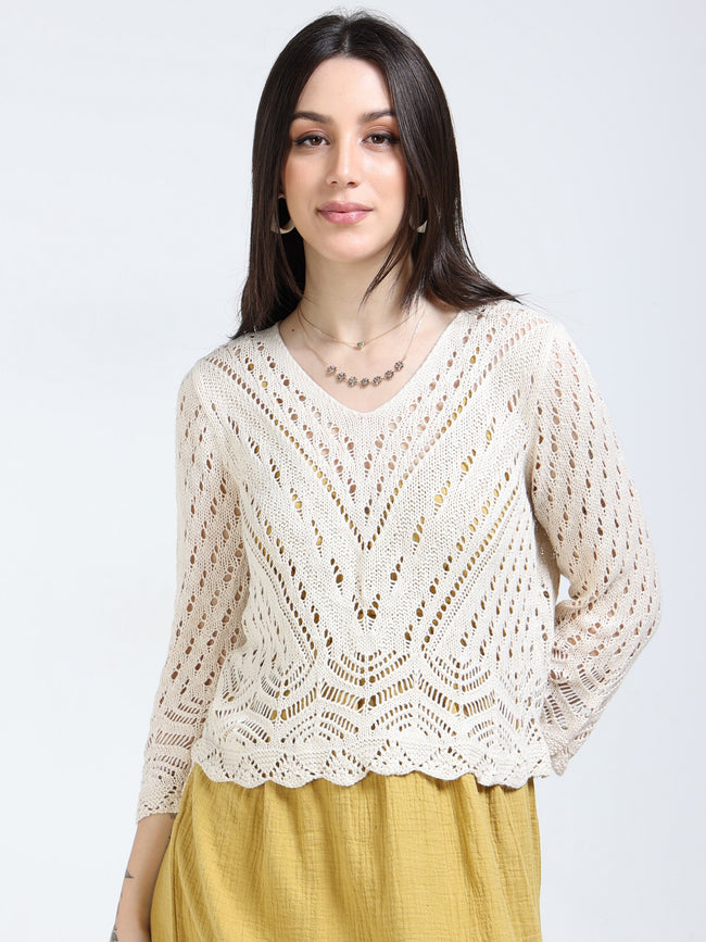 Women Cream Crochet Knitted Top