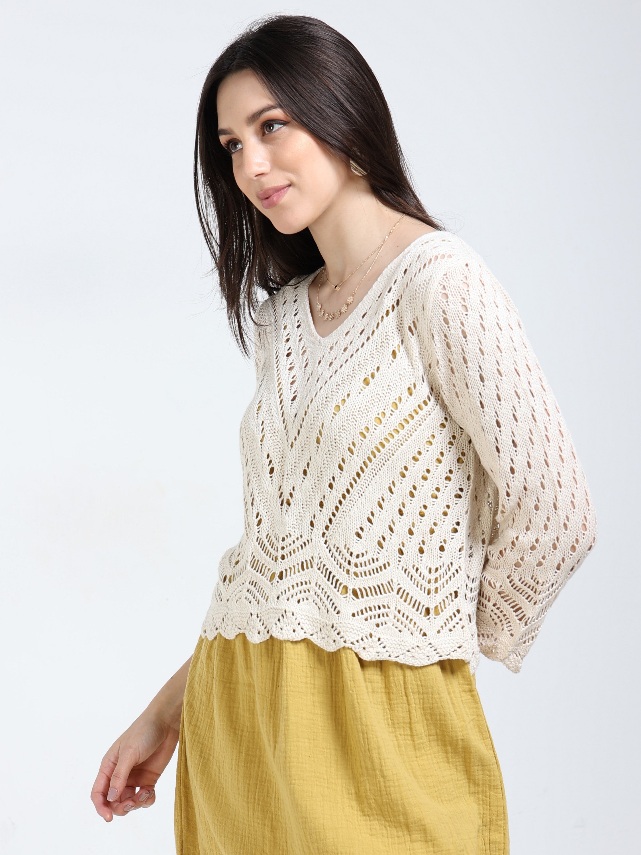 Women Cream Crochet Knitted Top