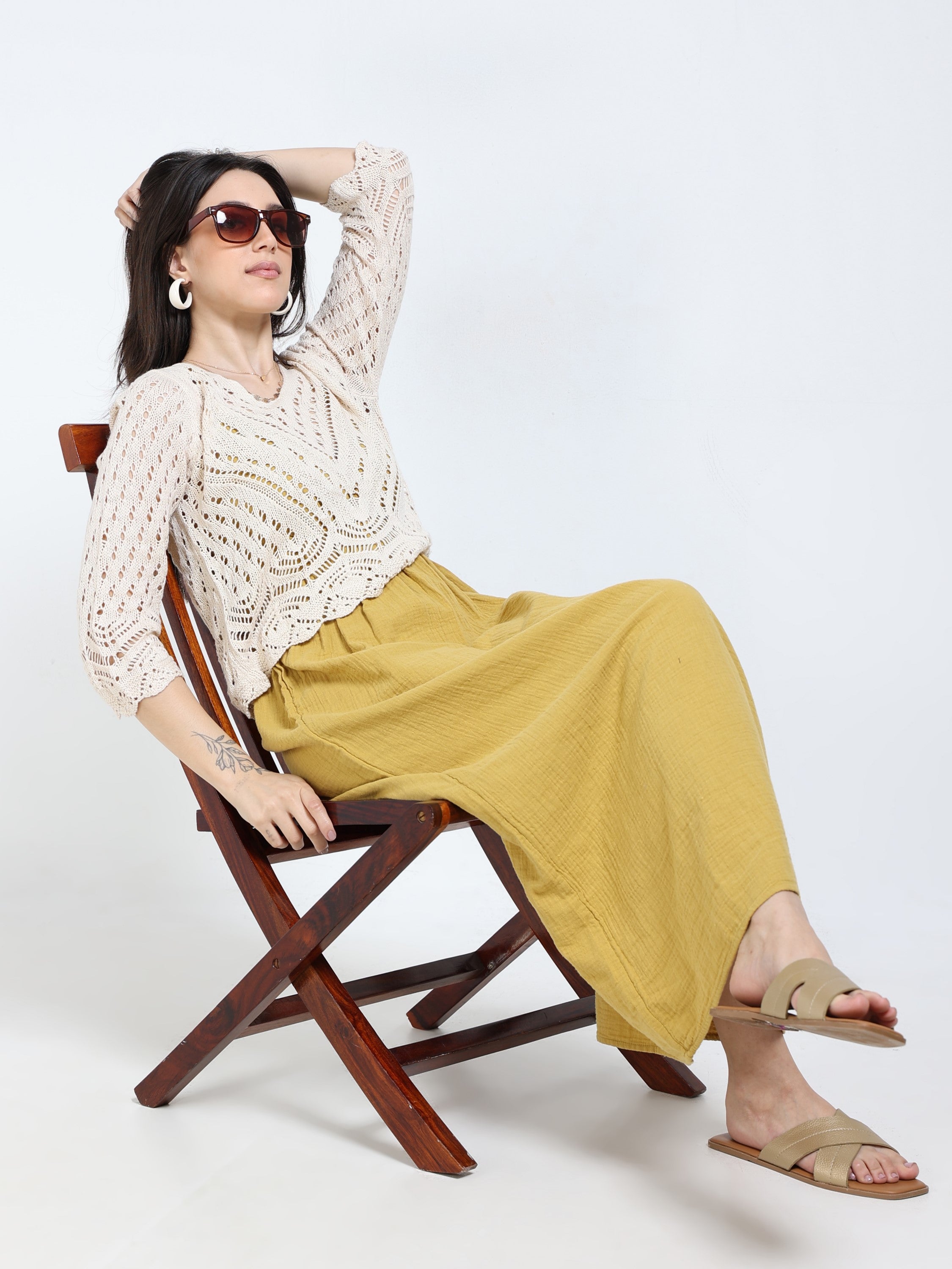 Women Cream Crochet Knitted Top