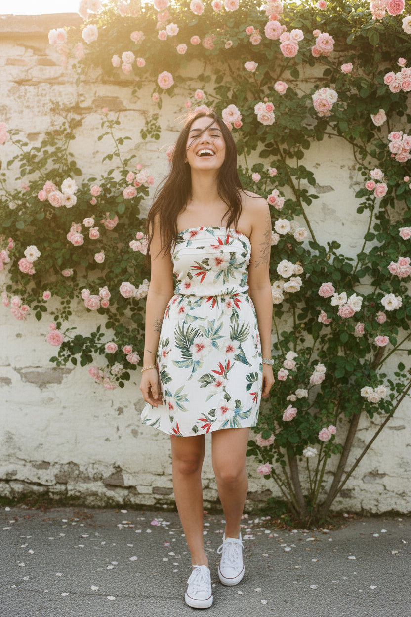 Women Tropical Print Tube Dress