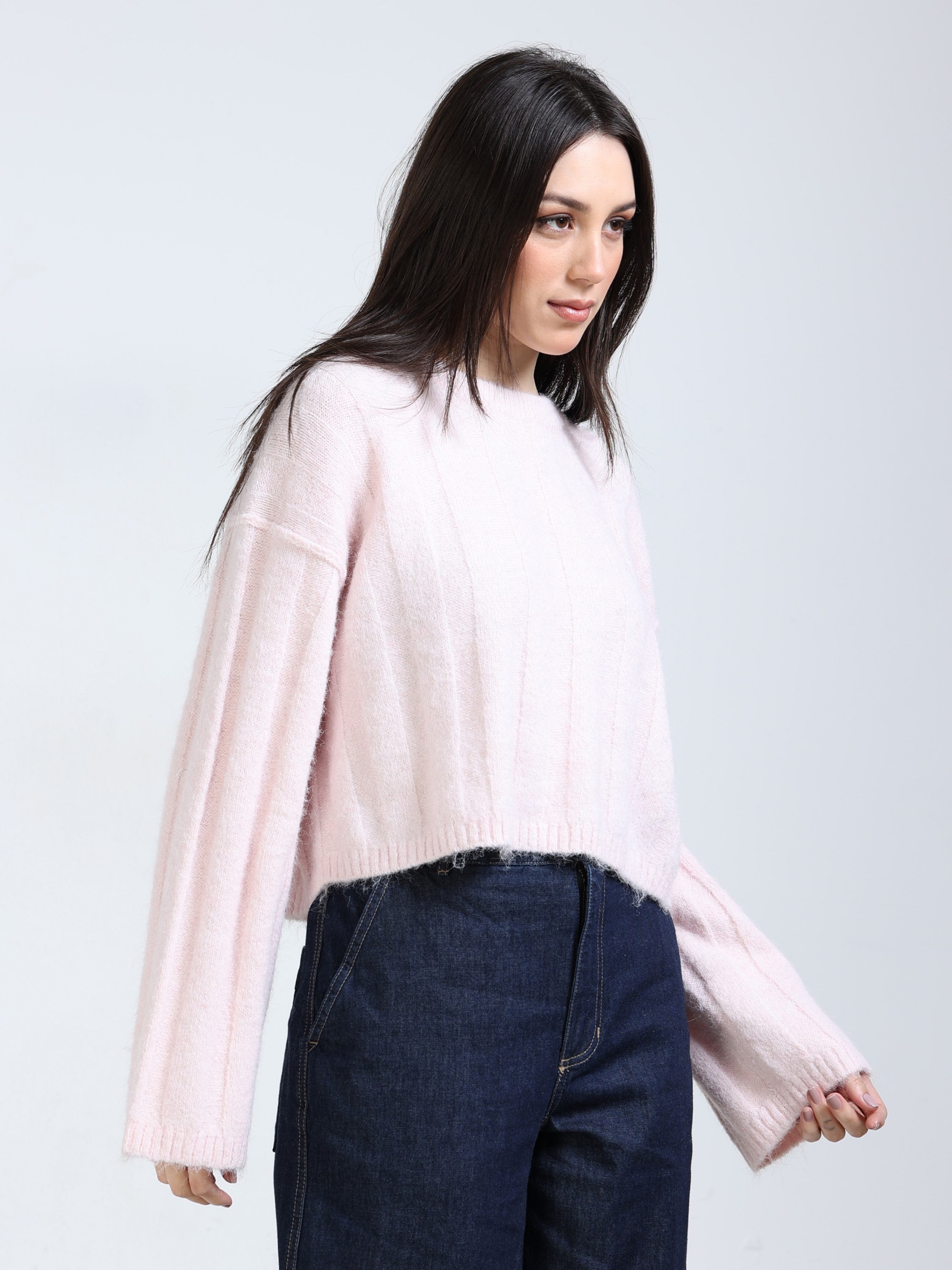 Women Pink Solid Crew Neck Baggy Sweater