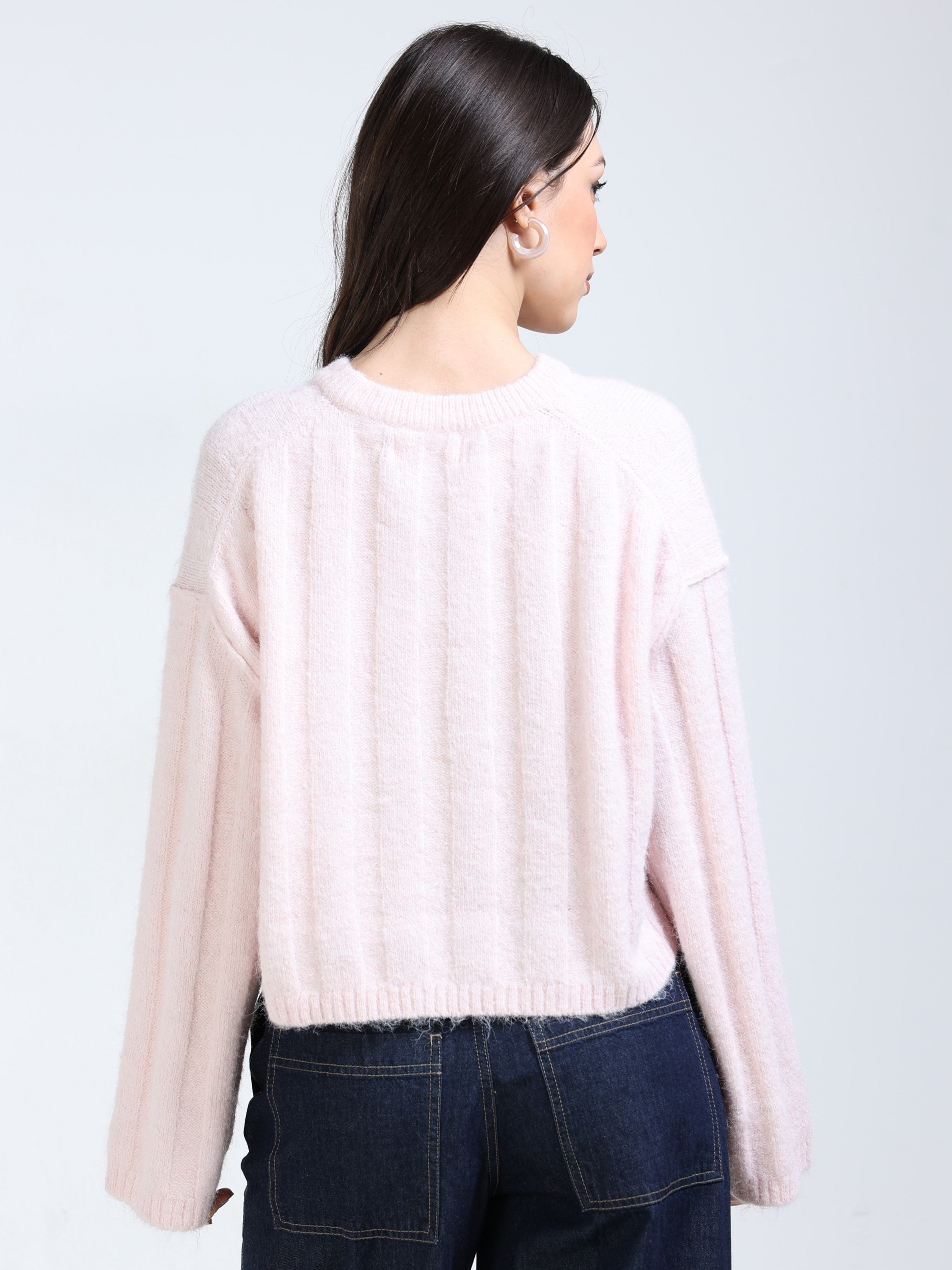 Women Pink Solid Crew Neck Baggy Sweater
