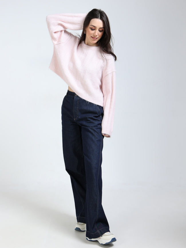 Women Pink Solid Crew Neck Baggy Sweater