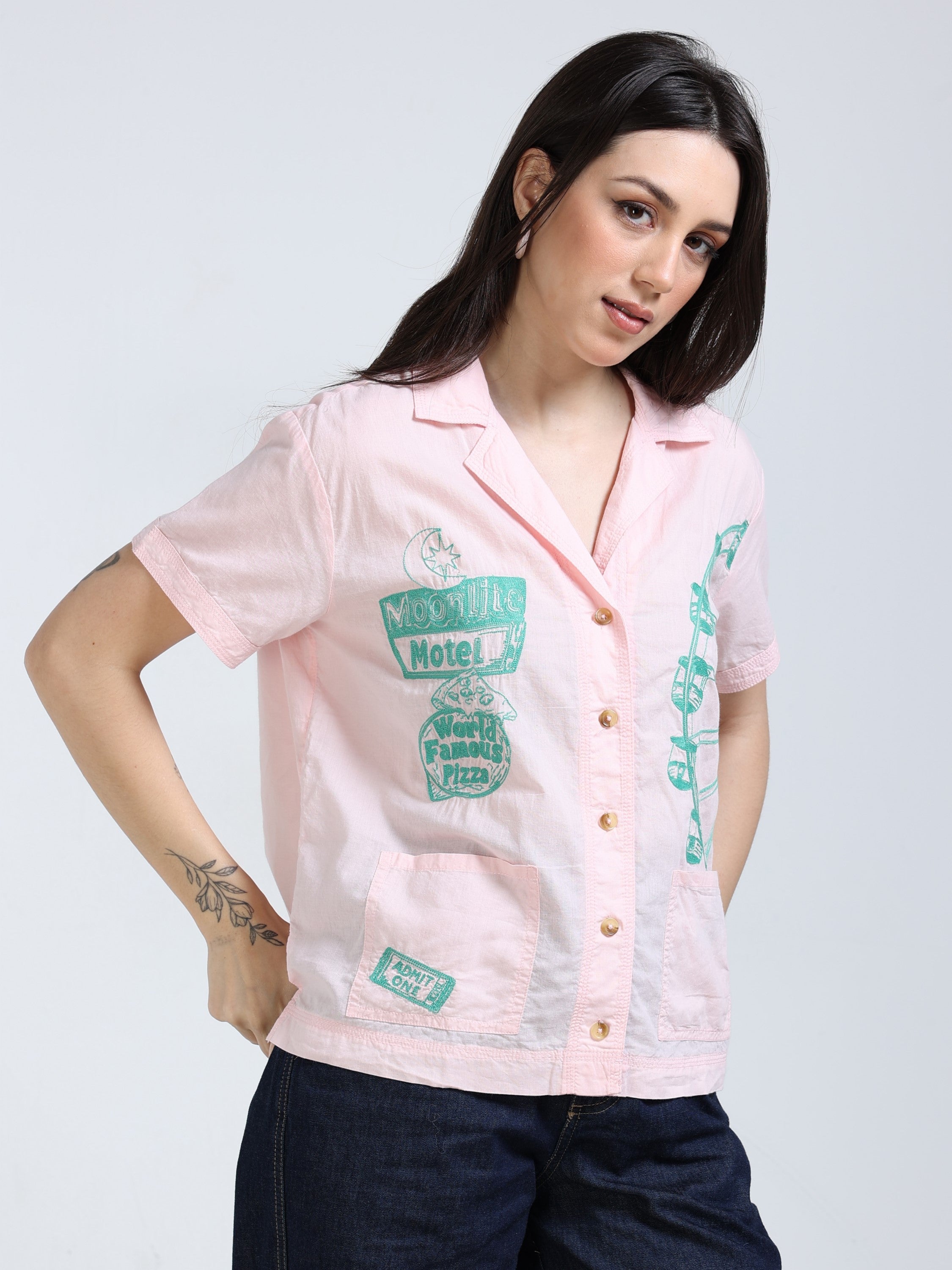 Women Pink Enbroidery Shirt