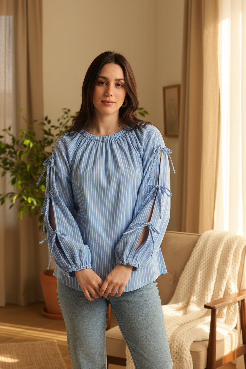 Women Blue Tie Up Sleeve Top