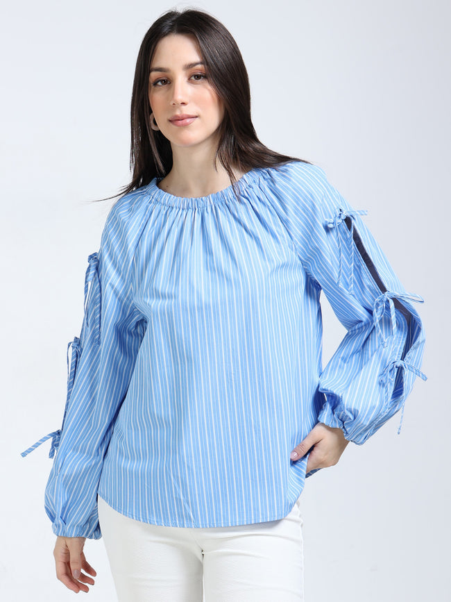 Women Blue Stripe Top with Tie Up Sleeve