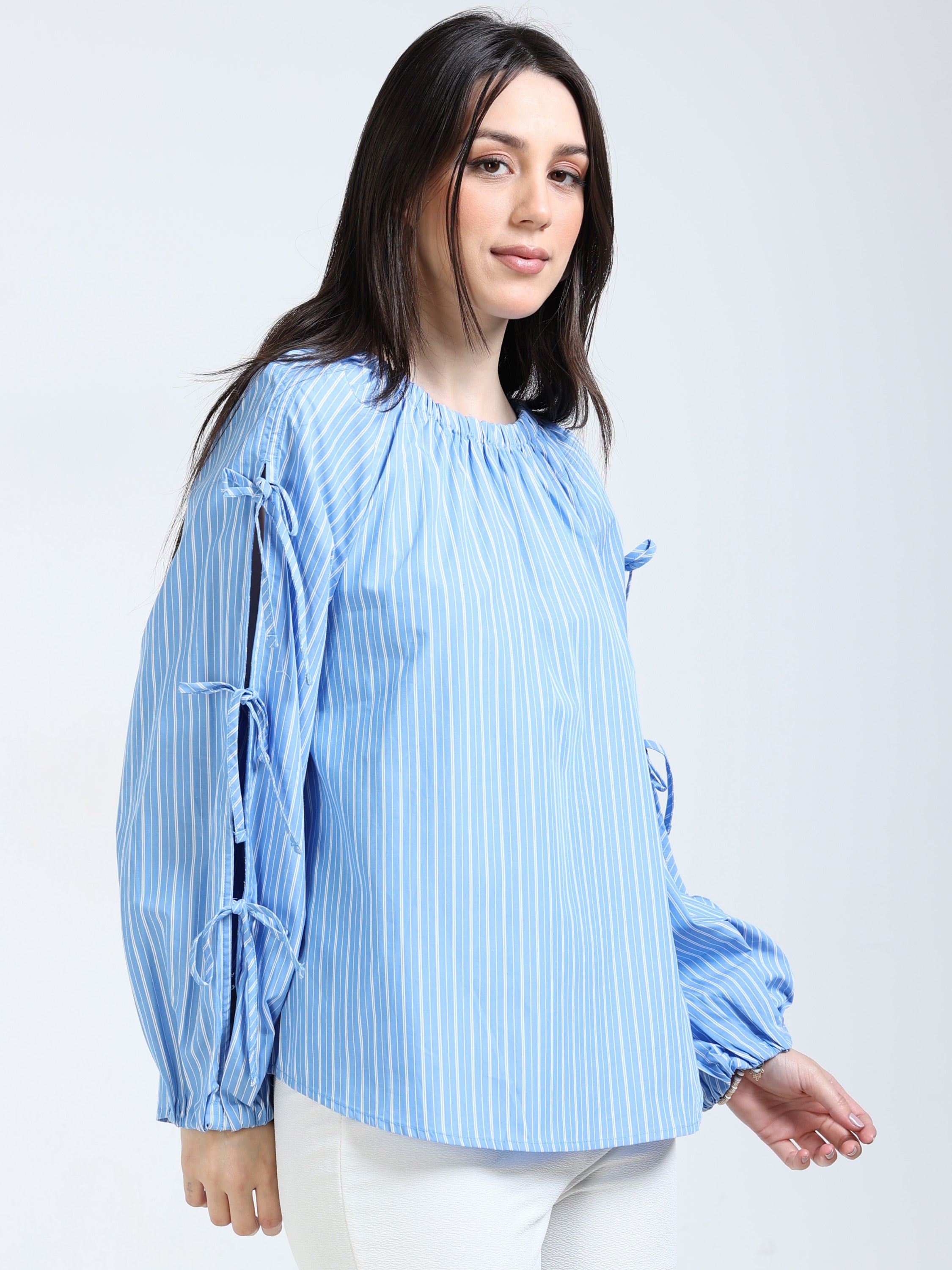 Women Blue Stripe Top with Tie Up Sleeve