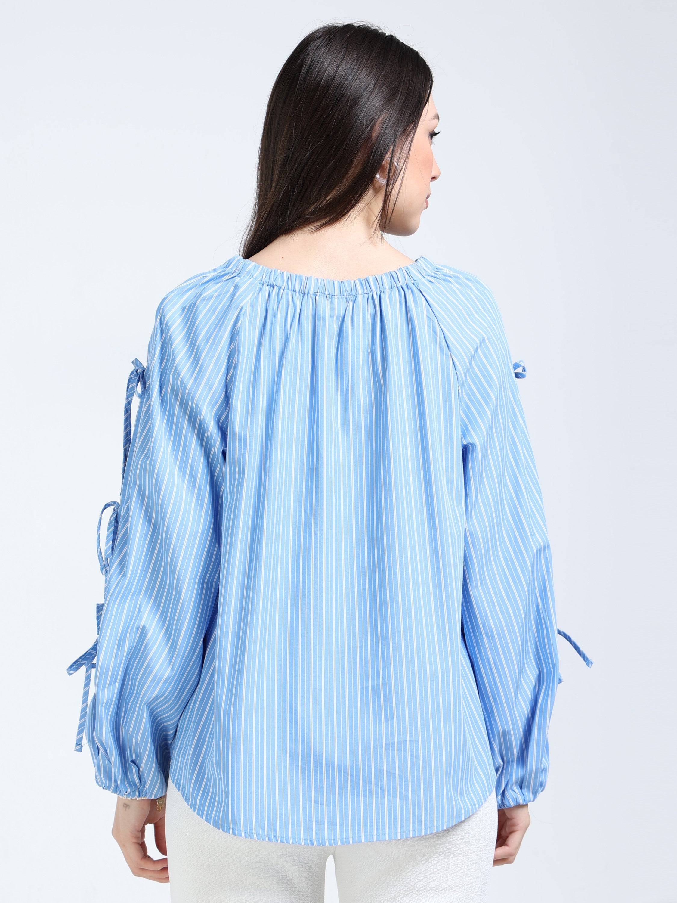 Women Blue Stripe Top with Tie Up Sleeve
