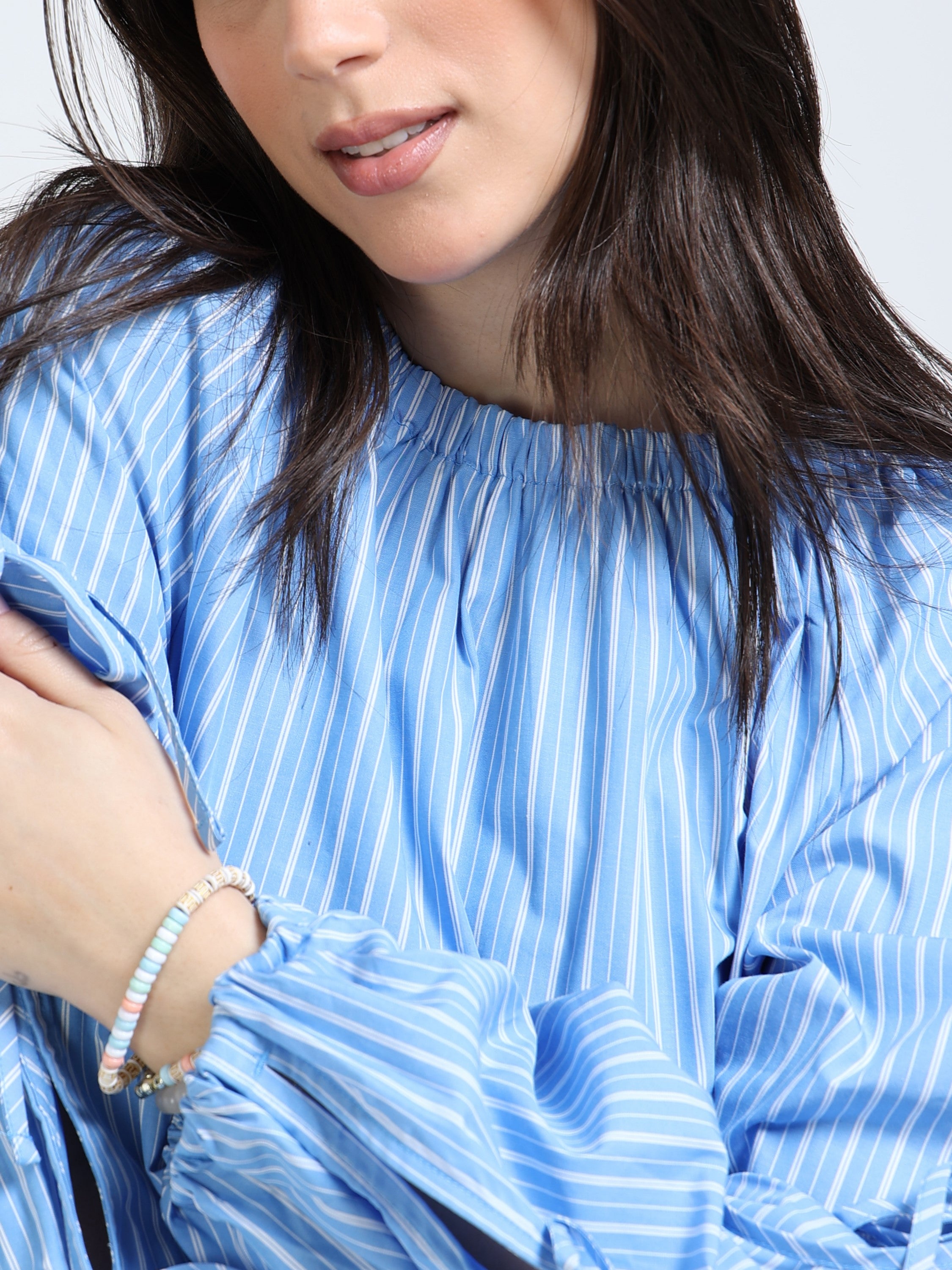Women Blue Stripe Top with Tie Up Sleeve