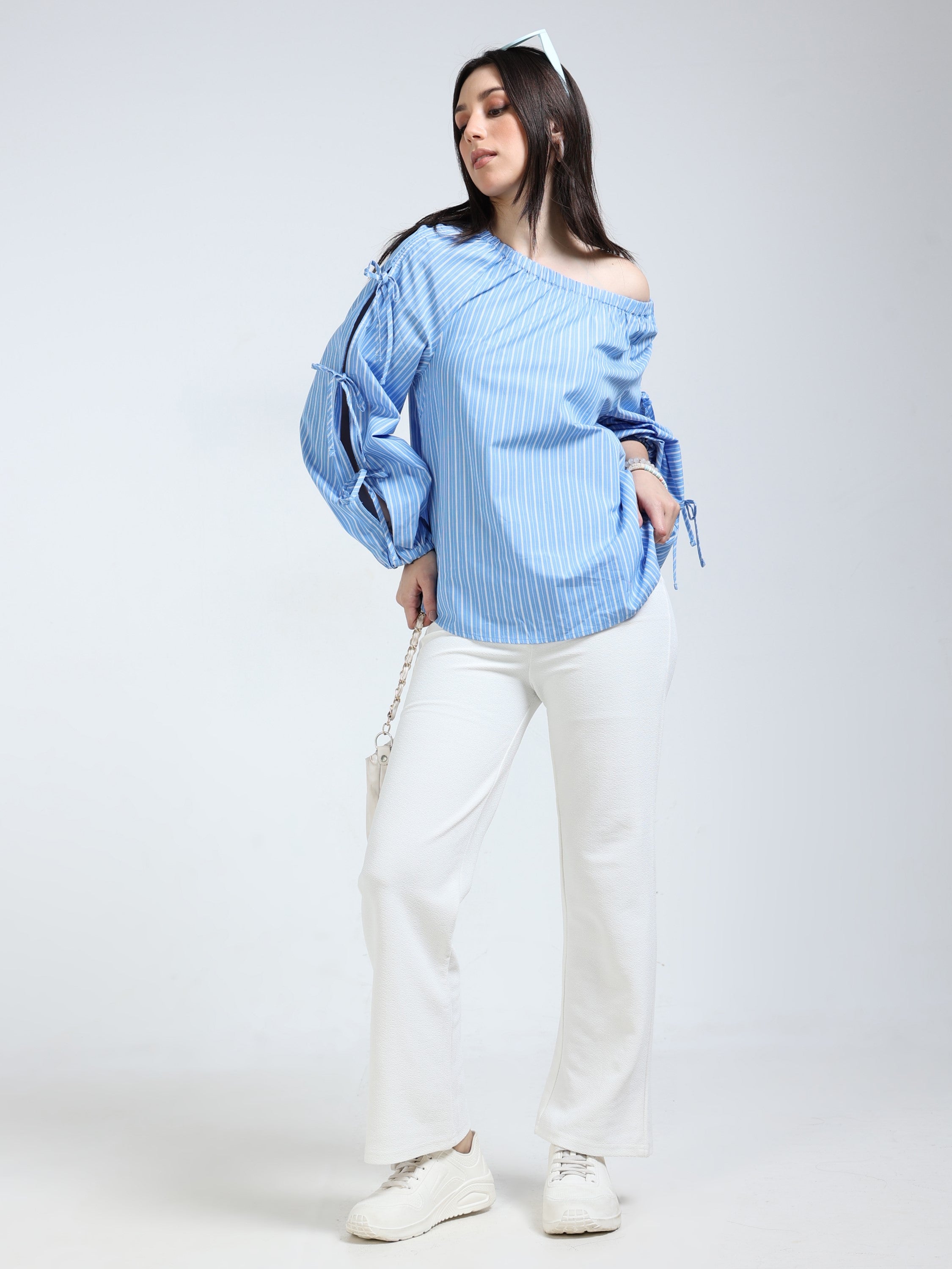 Women Blue Stripe Top with Tie Up Sleeve