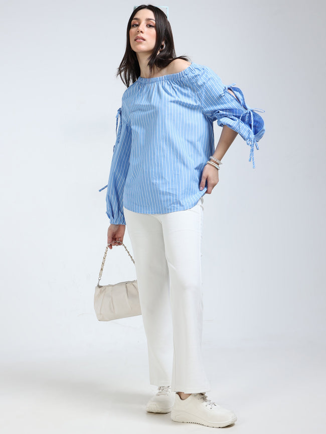 Women Blue Stripe Top with Tie Up Sleeve