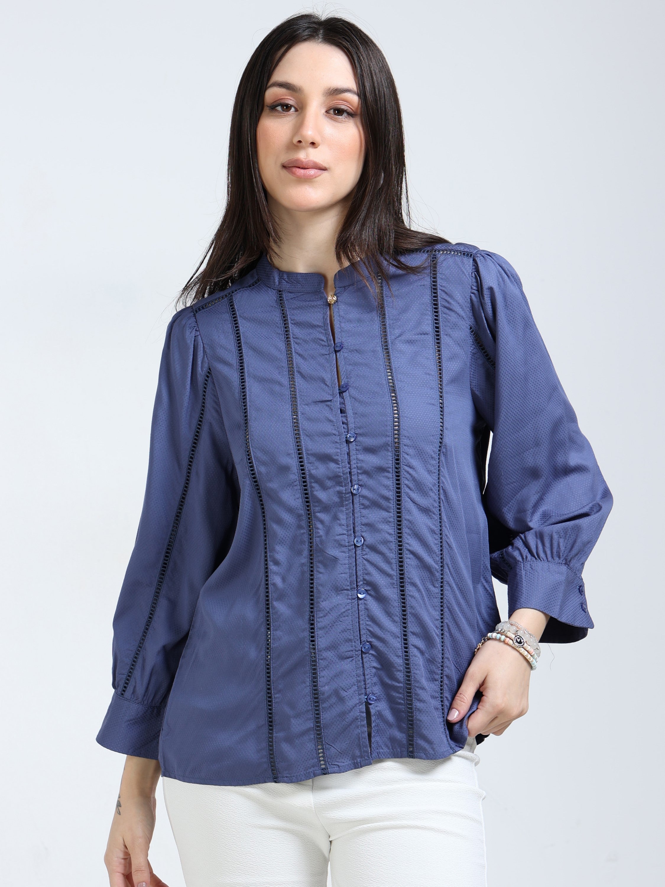 Women Blue Lace Insert Top