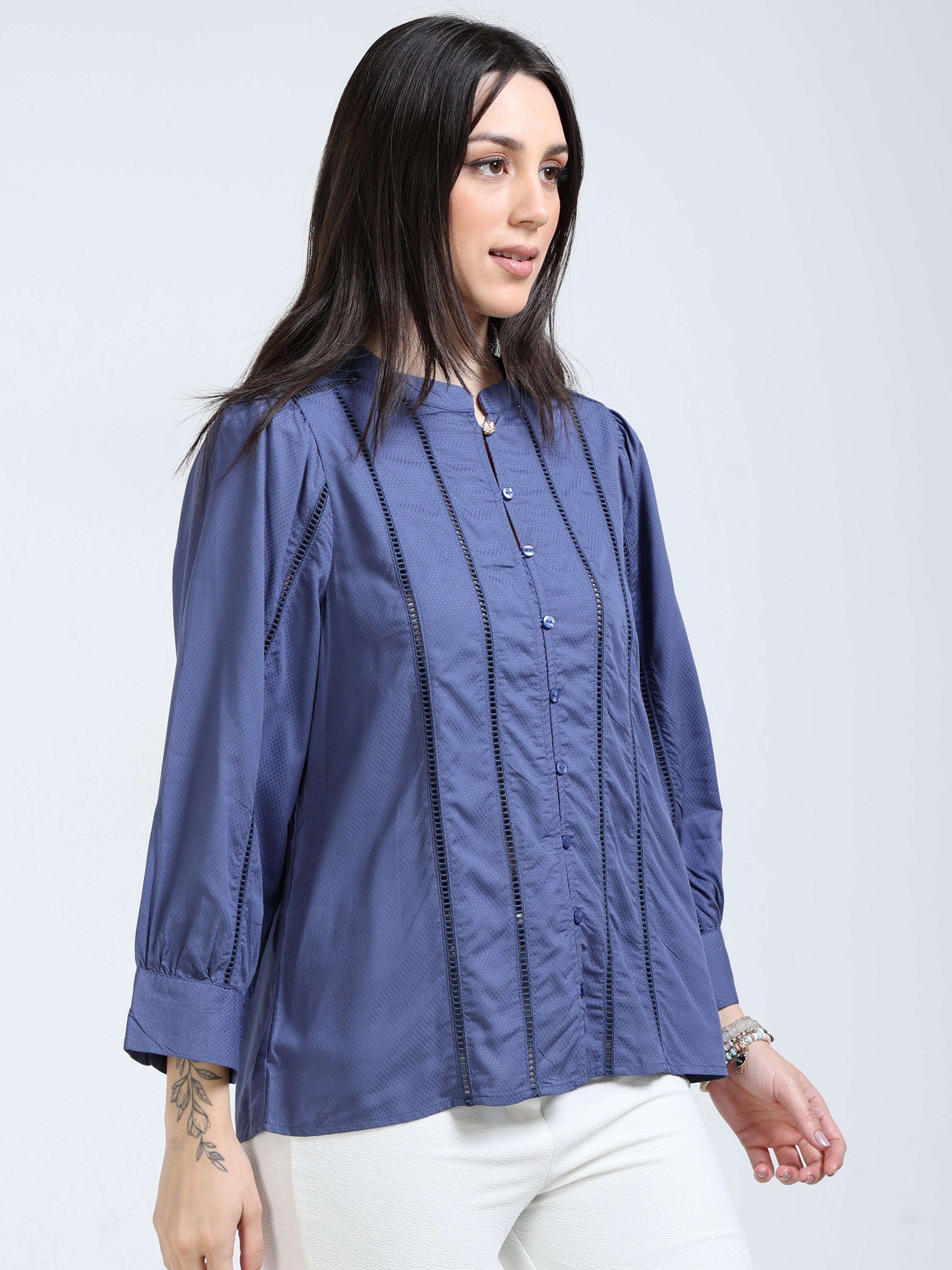 Women Blue Lace Insert Top