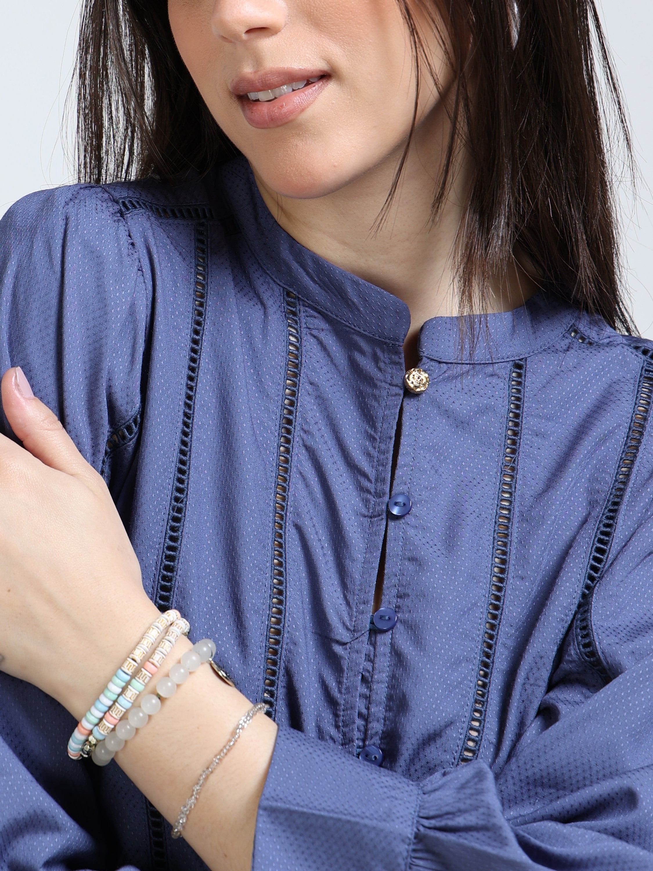 Women Blue Lace Insert Top