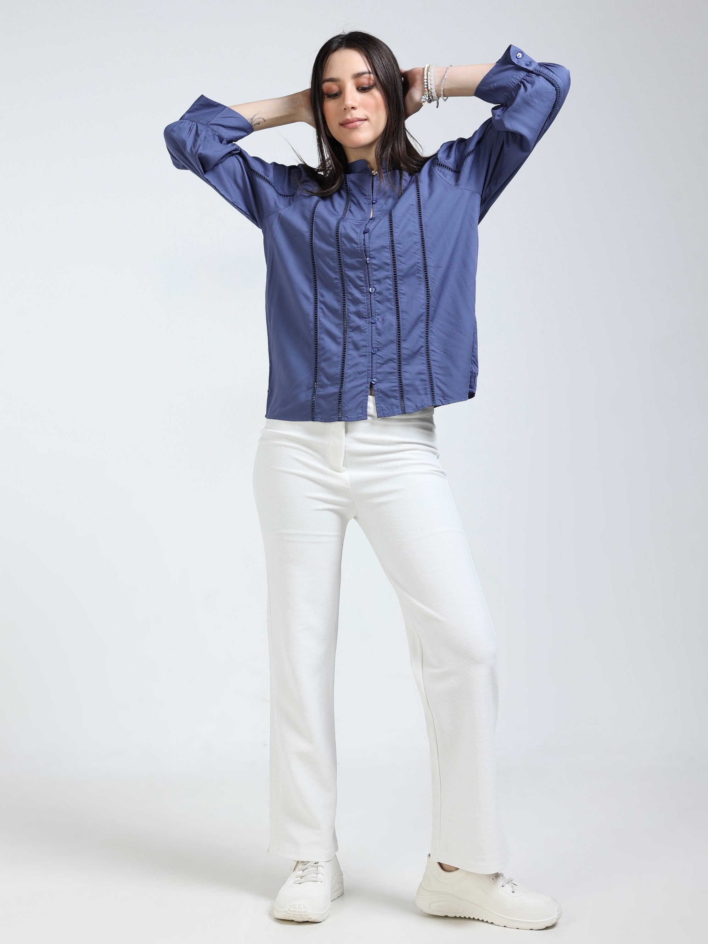 Women Blue Lace Insert Top