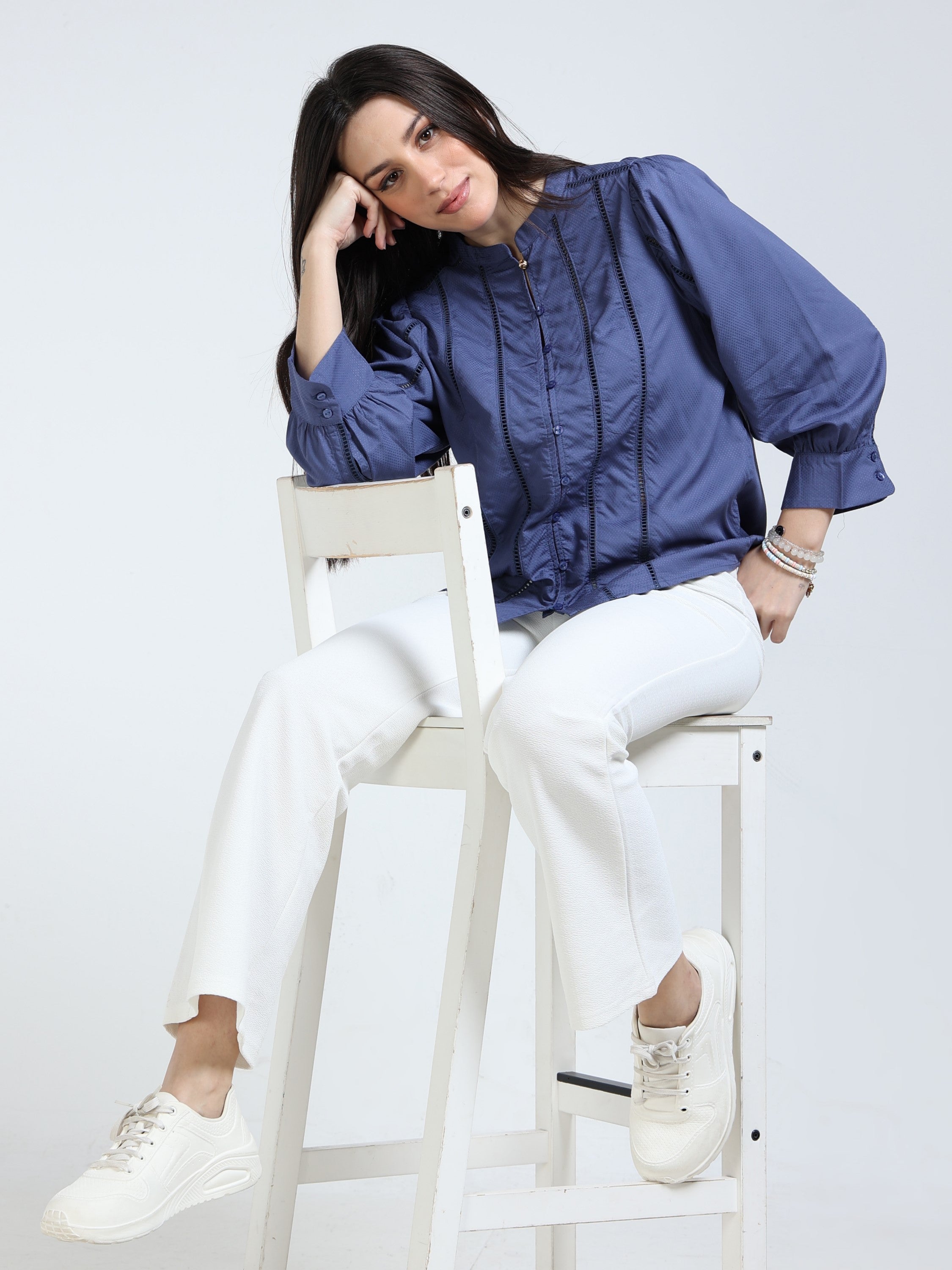 Women Blue Lace Insert Top