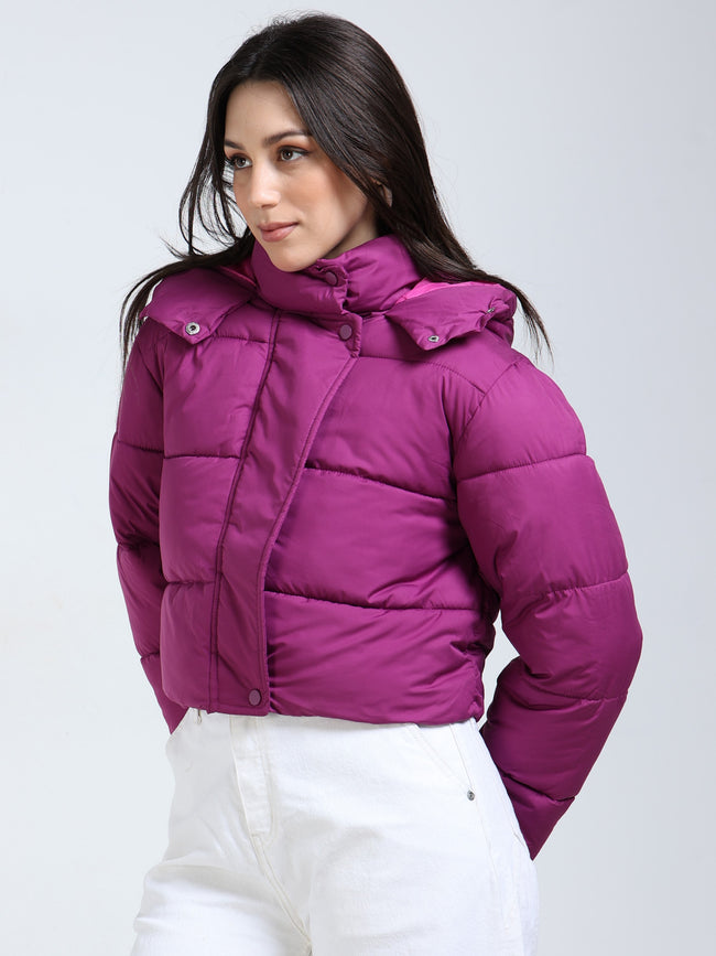 Women Purple Light weight Hooded puffer jacket