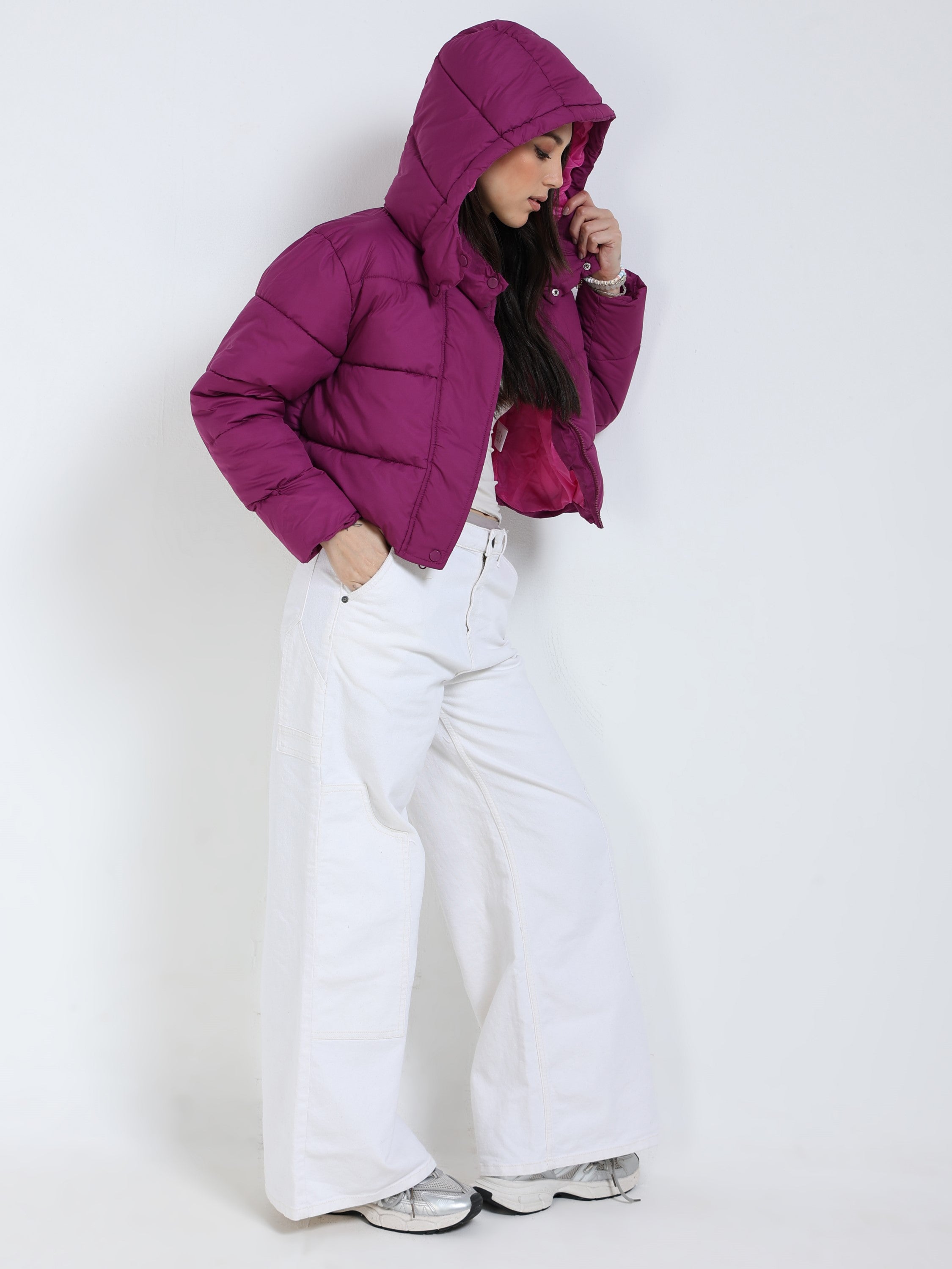 Women Purple Light weight Hooded puffer jacket