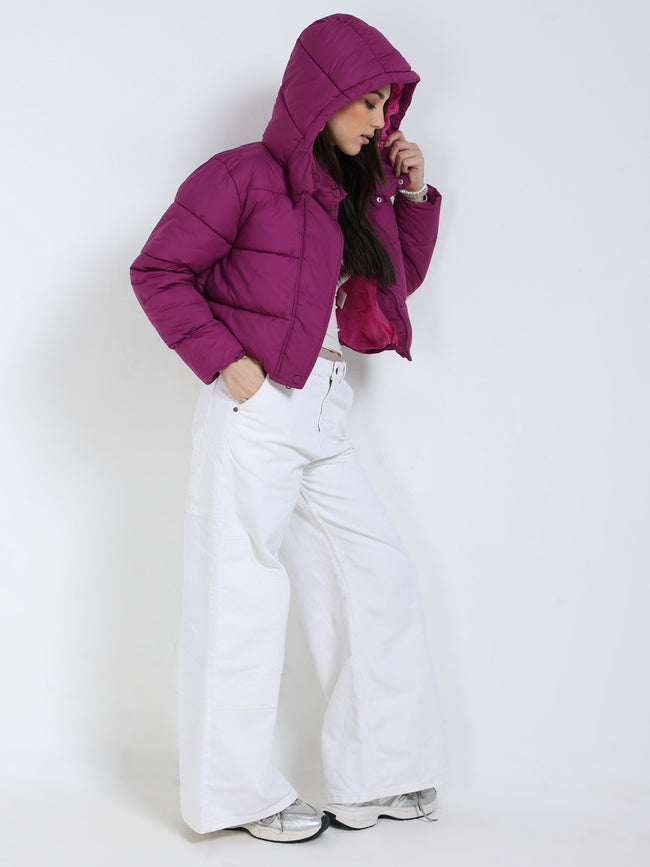 Women Purple Light weight Hooded puffer jacket