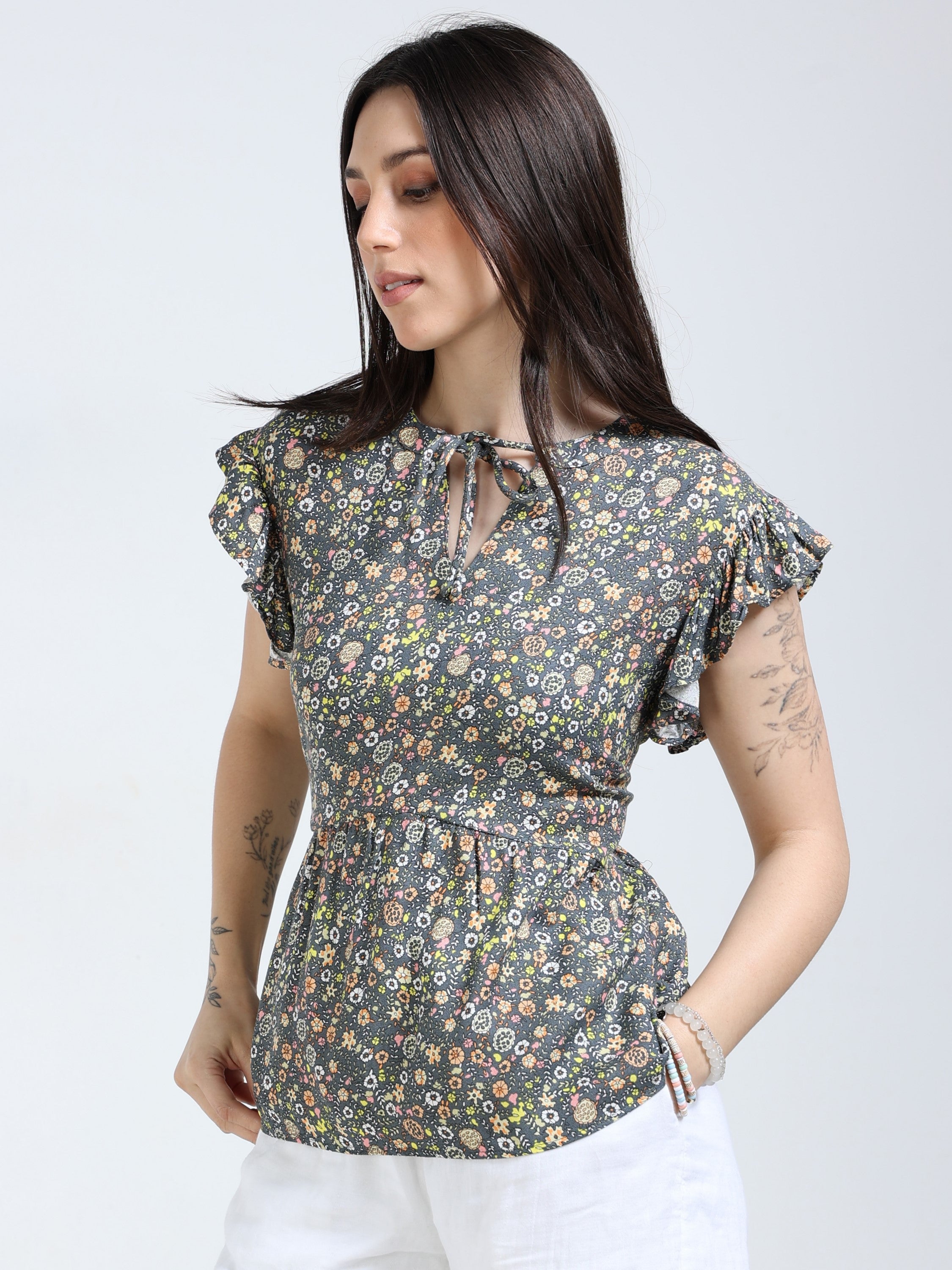 Women Grey Floral Printed Top